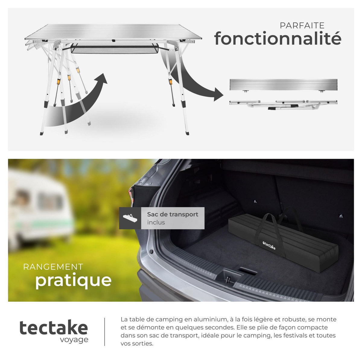 tectake Table de camping pliante argent