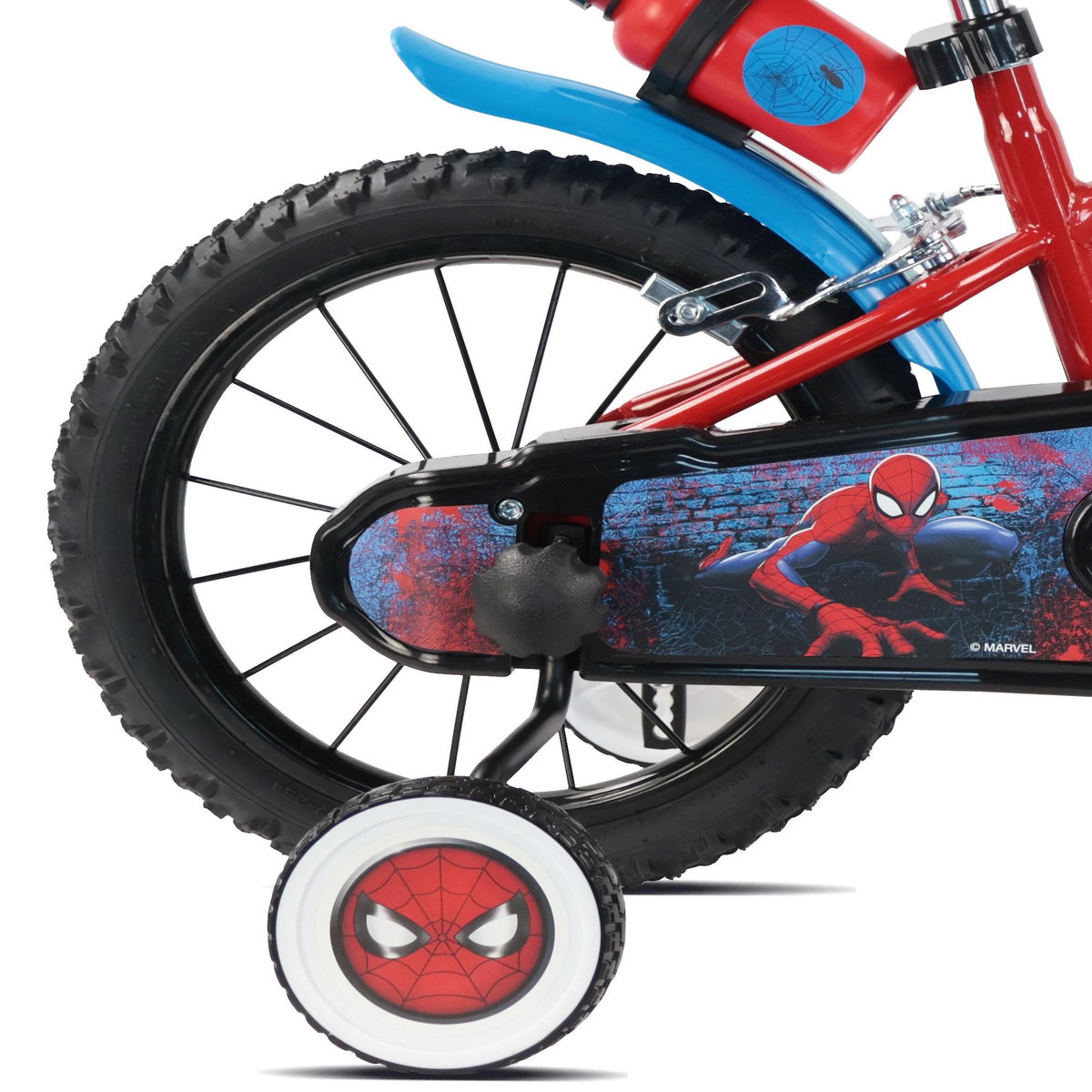 Spiderman Vélo enfant 14'' SPIDERMAN (90 à 105cm) avec 2 freins, plaque avant décorative , bidon arrière, stabilisateurs & pneus gonflables.