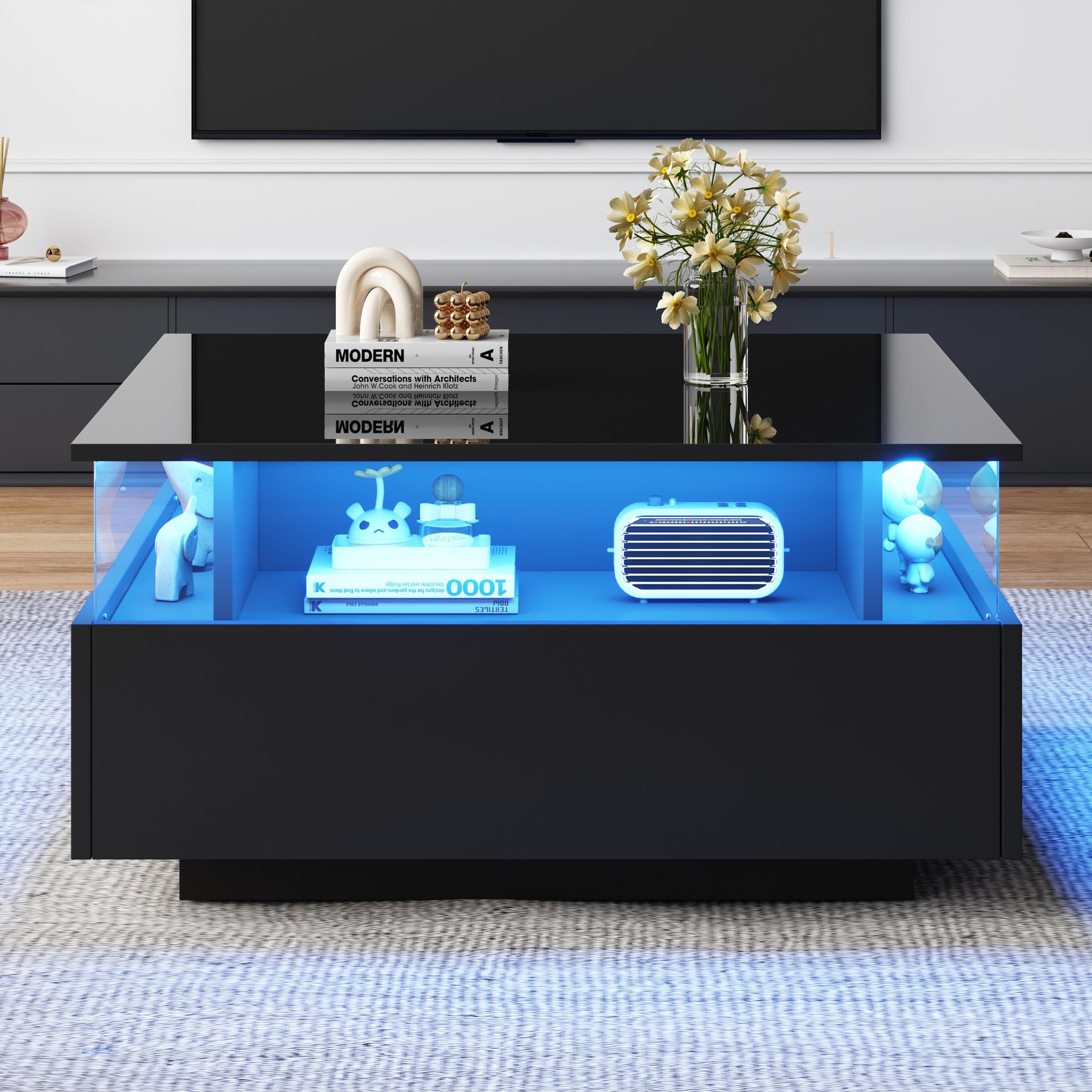 Voir la diapositive 3 : MERAX Table Basse Carré Avec 2 Tiroirs Et LED
