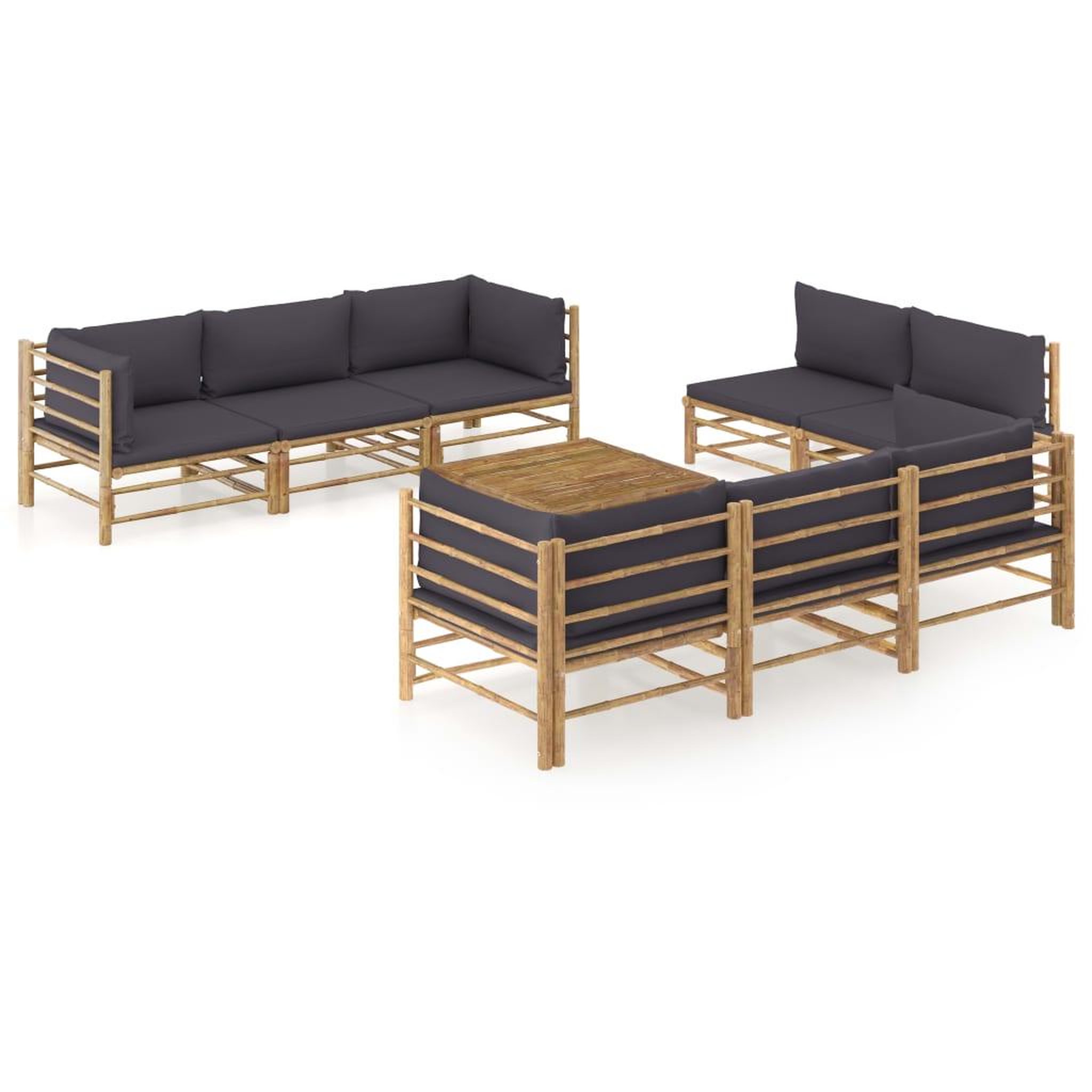 Voir la diapositive 1 : VIDAXL Salon de jardin 9 pcs avec coussins gris fonce bambou