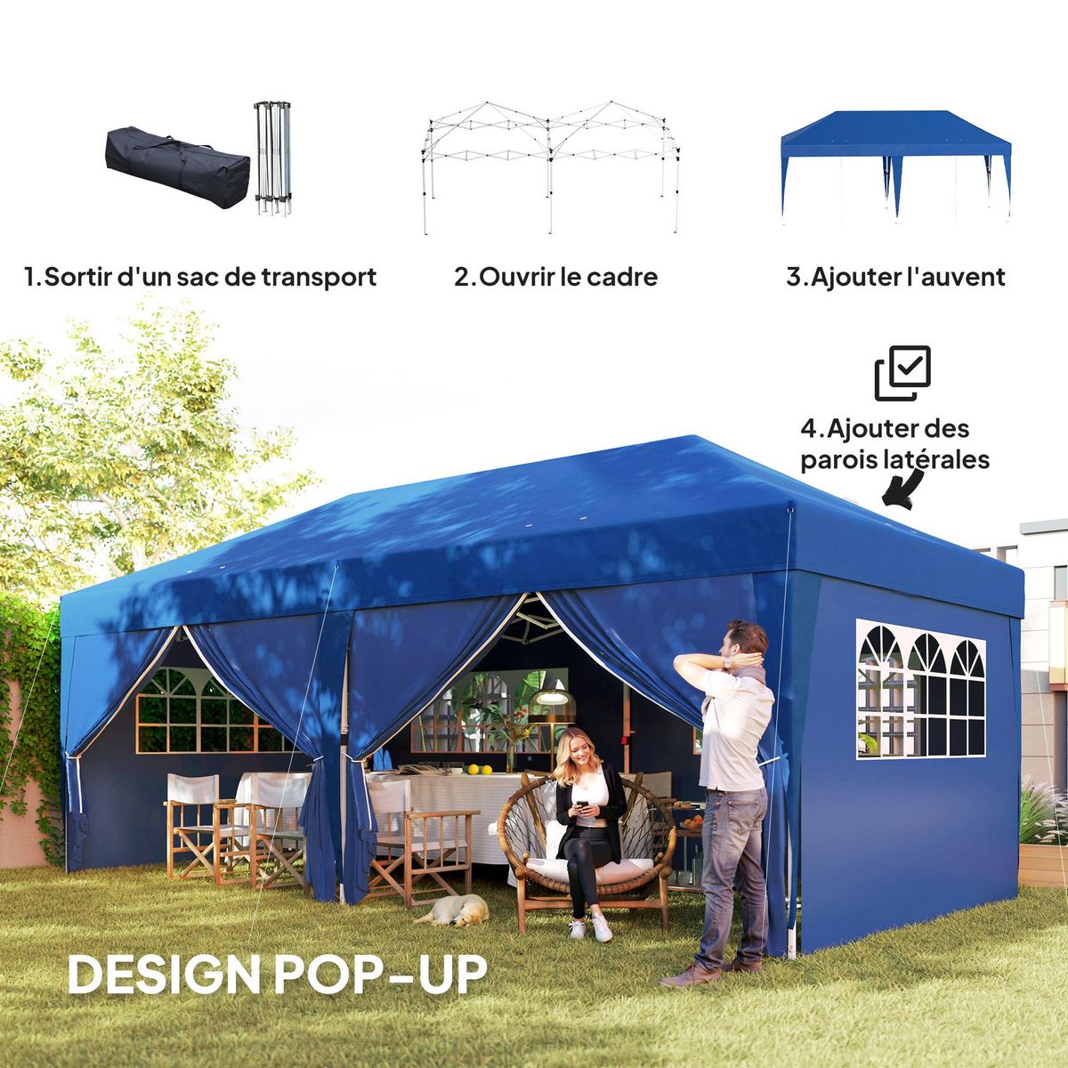 OUTSUNNY Tonnelle barnum pliant pop-up 5,9L x 2,95l x 2,85H m 6 parois latérales amovibles 4 fenêtres sac de transport bleu