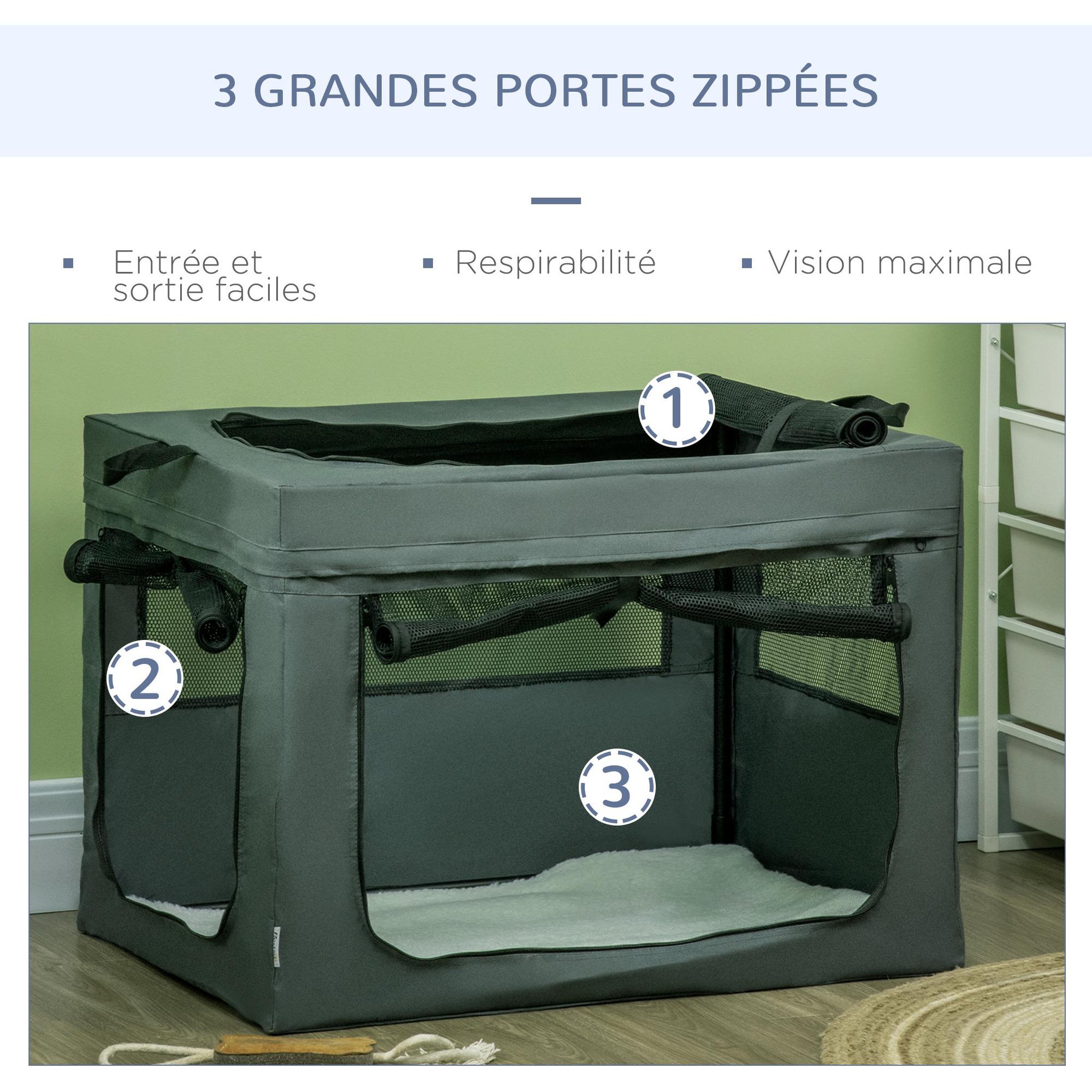 Voir la diapositive 4 : PAWHUT Sac de transport pliable pour chien chat - 2 poignées, 3 portes - dim. 79L x 57l x 57H cm - acier polyester gris