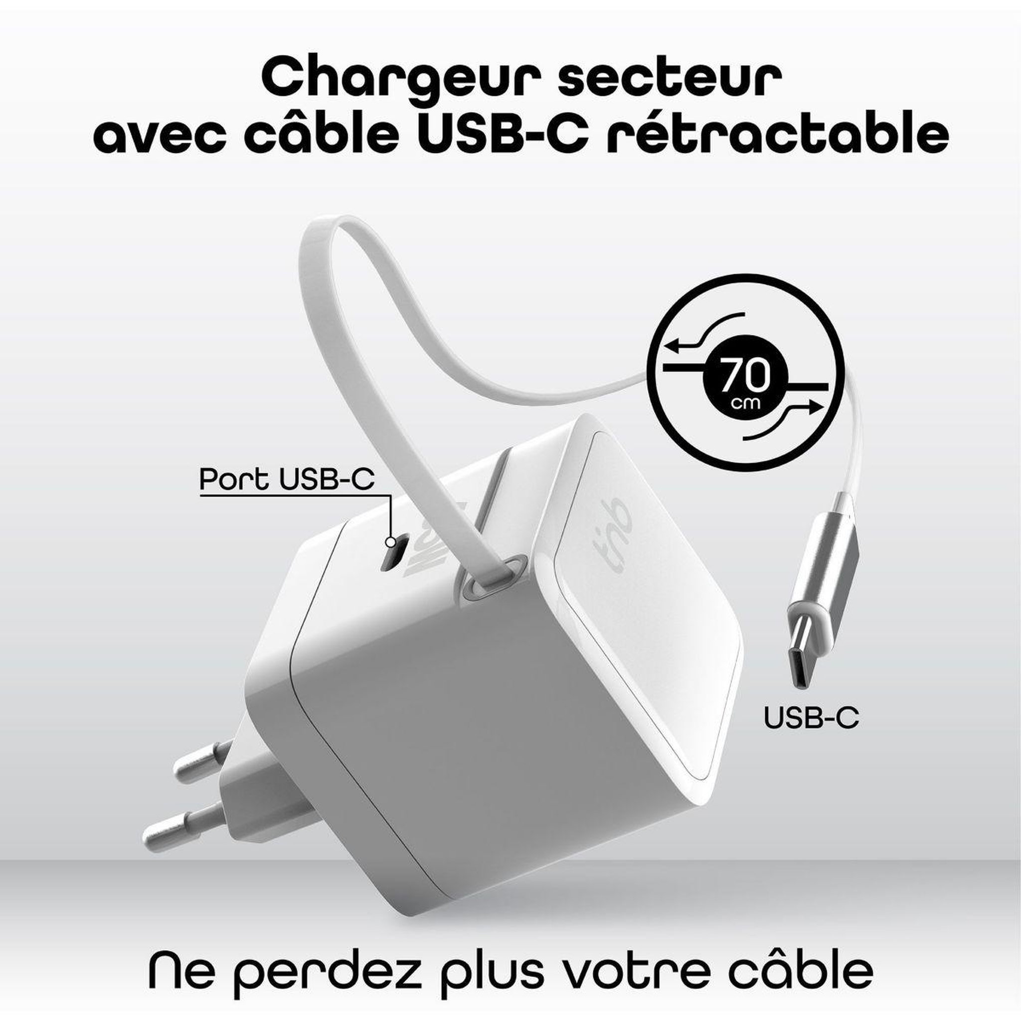 Voir la diapositive 2 : TNB Chargeur + câble gan usb-c charge rapide + cable 70cm