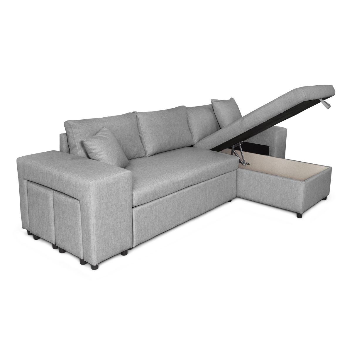 Canapé d'angle convertible avec coffre 3 places + 2 poufs à gauche et étagère à droite  MACHA