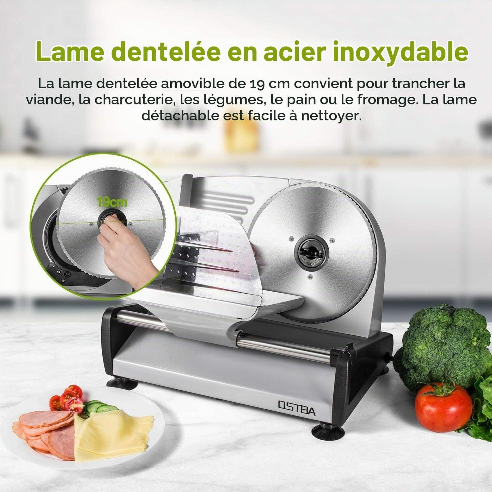 Voir la diapositive 4 : YASHE Trancheuse électrique, 150 W, lame 19 cm, coupe 0–15 mm, argent