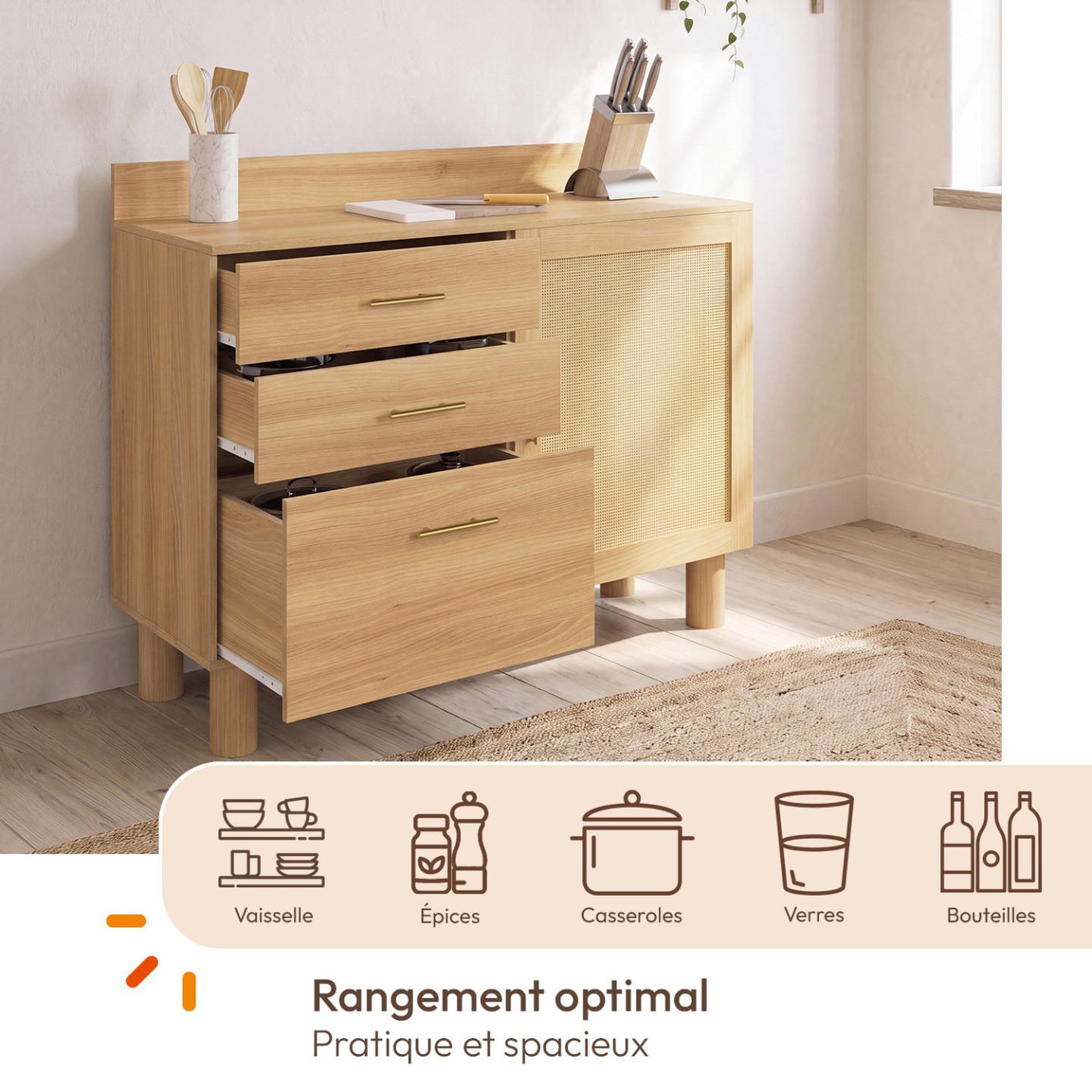 Voir la diapositive 4 : ID MARKET Buffet bas de cuisine 120 cm DENISE en cannage
