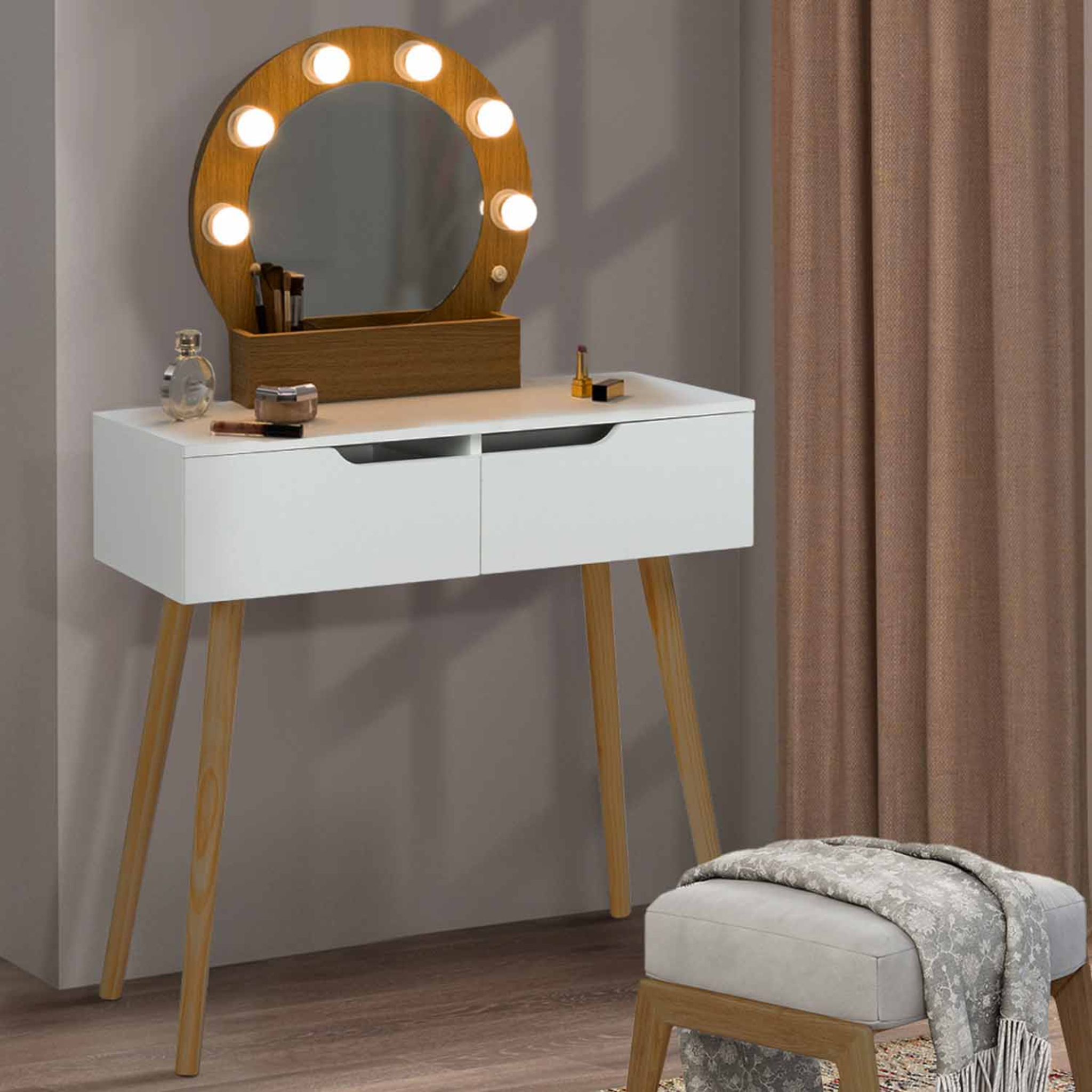 Voir la diapositive 5 : ID MARKET Coiffeuse scandinave 2 tiroirs horia bois et blanc avec miroir led