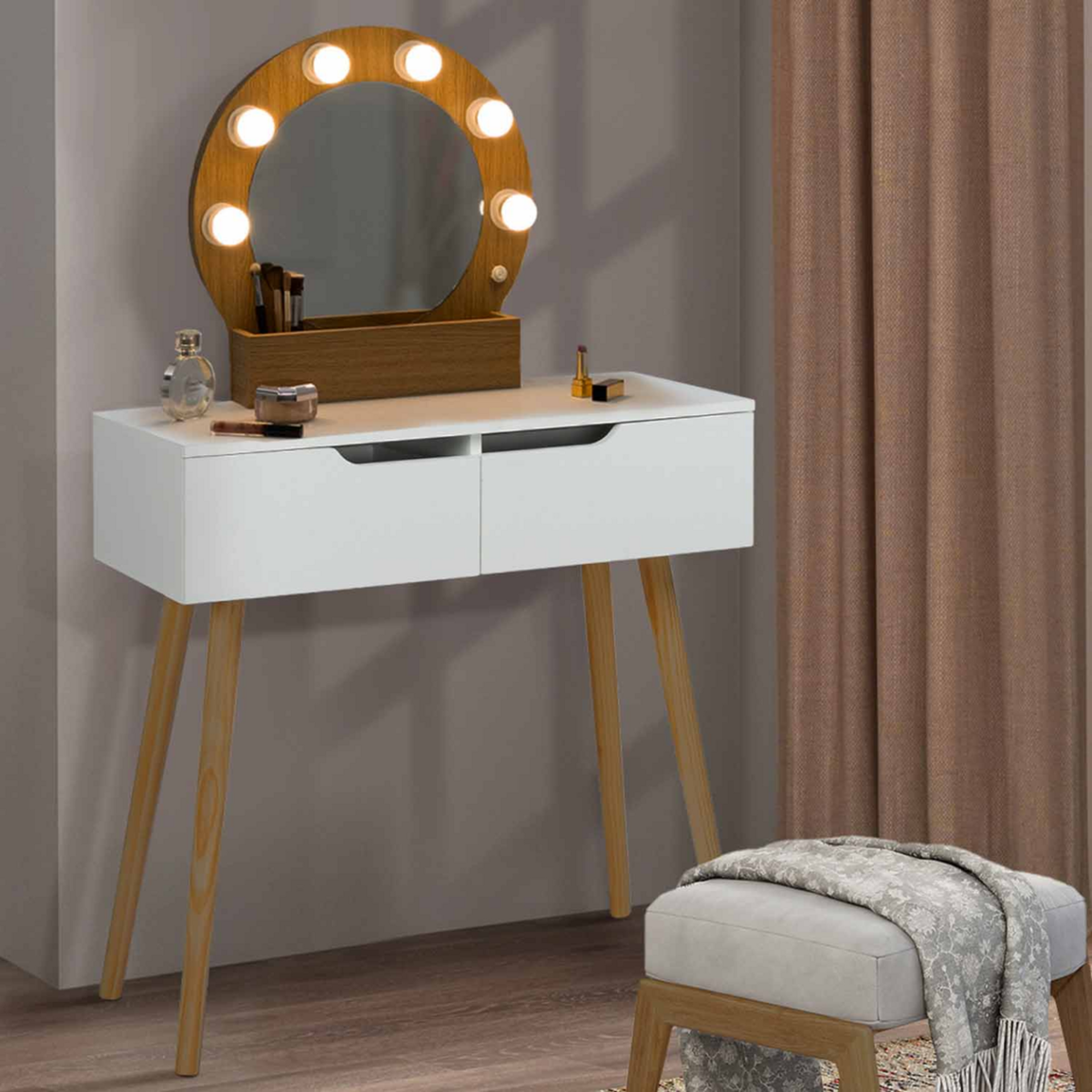 ID MARKET Coiffeuse scandinave 2 tiroirs HORIA bois et blanc avec miroir LED