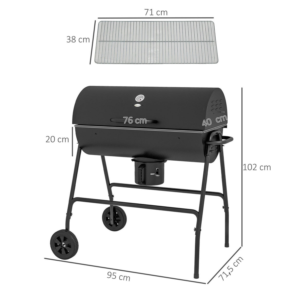 OUTSUNNY Barbecue à charbon smoker fumoir - 2 grilles, 2 roues, récupérateur cendre, thermomètre - métal noir