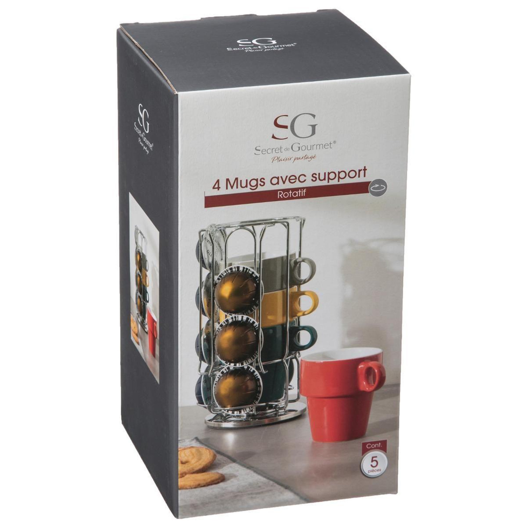 Voir la diapositive 2 : SECRET DE GOURMET Lot de 4 mugs & porte capsules  rack  26cl multicolore
