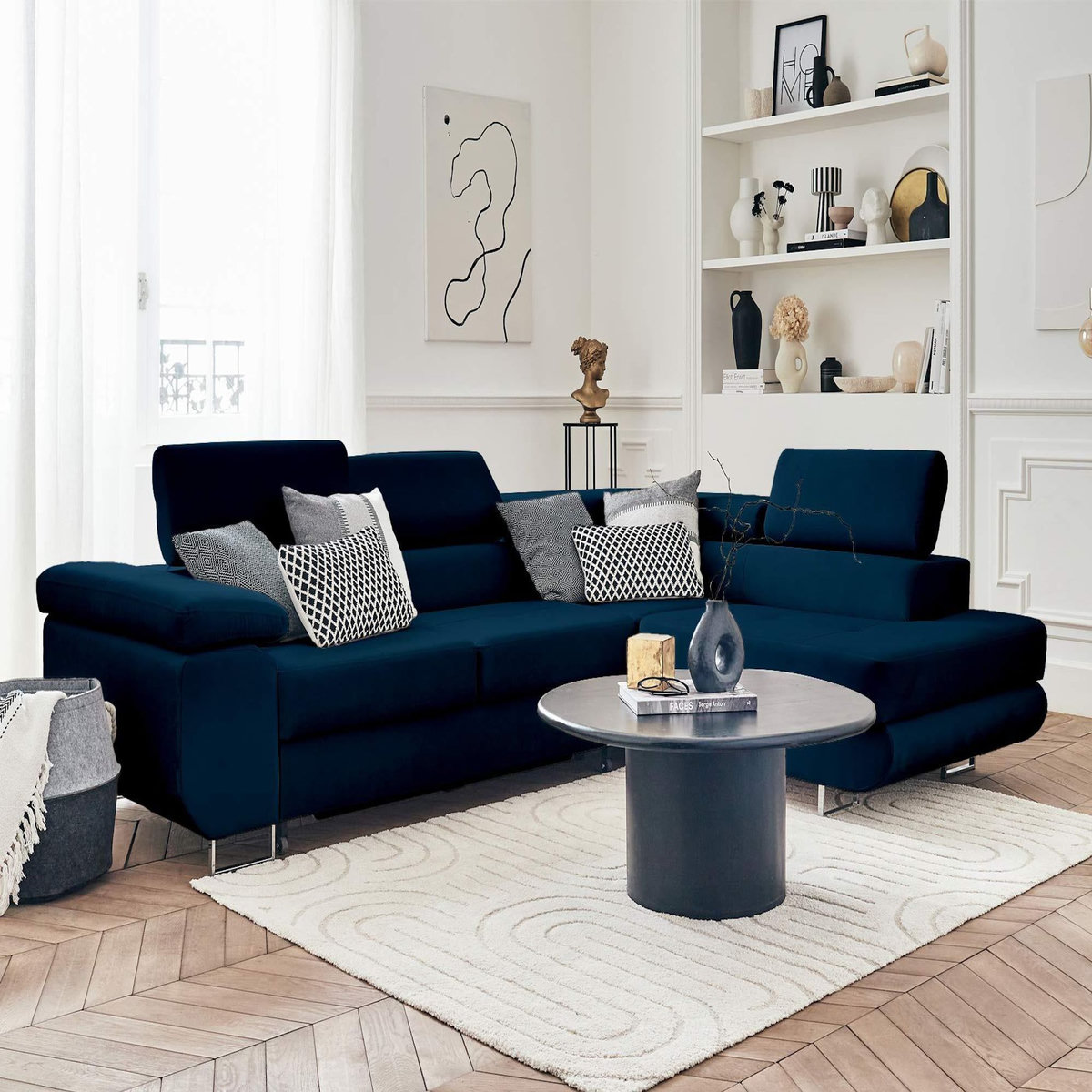 BEST MOBILIER Pablo - canapé d'angle droit - 5 places - convertible avec coffre et têtières réglables - en velours