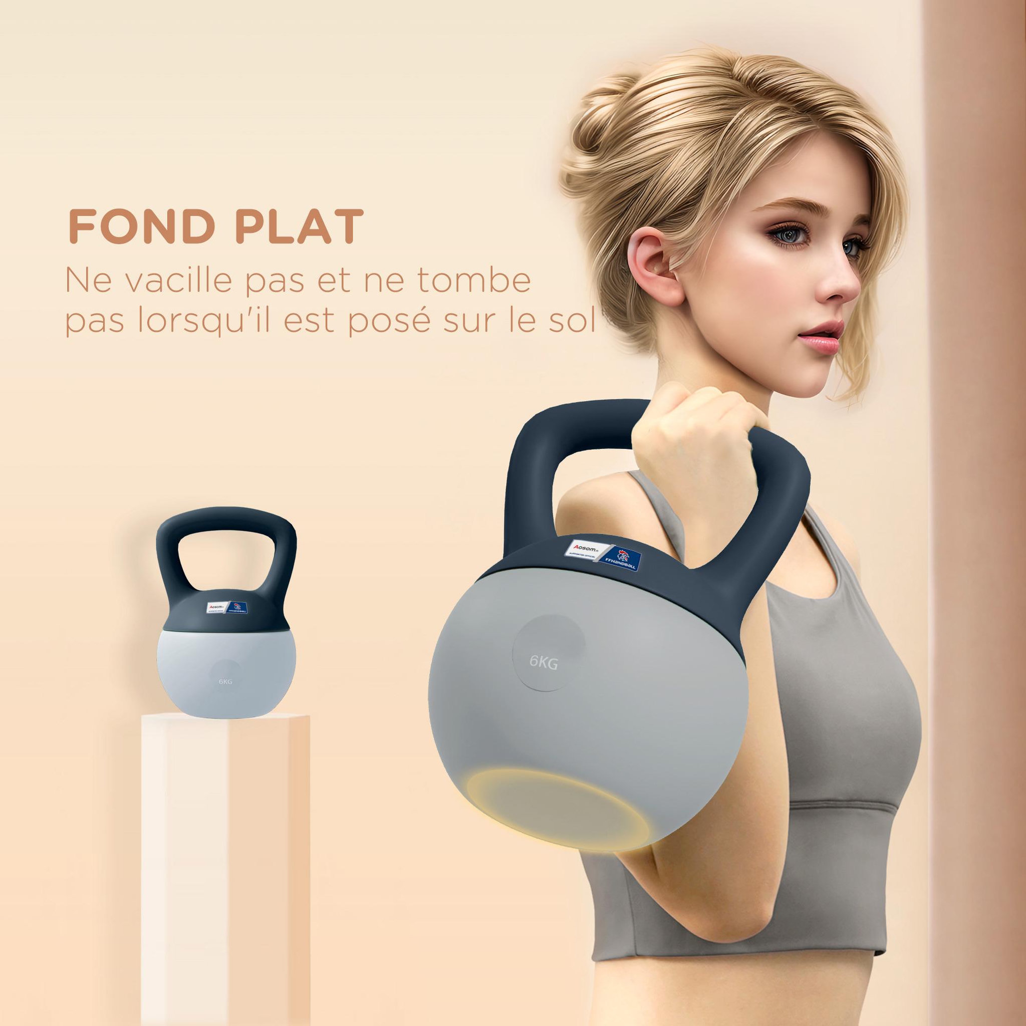 Voir la diapositive 6 : HOMCOM Kettlebell 6 kg collaboration aosom.fr x ffhandball - prise ergonomique - pvc gris jaune