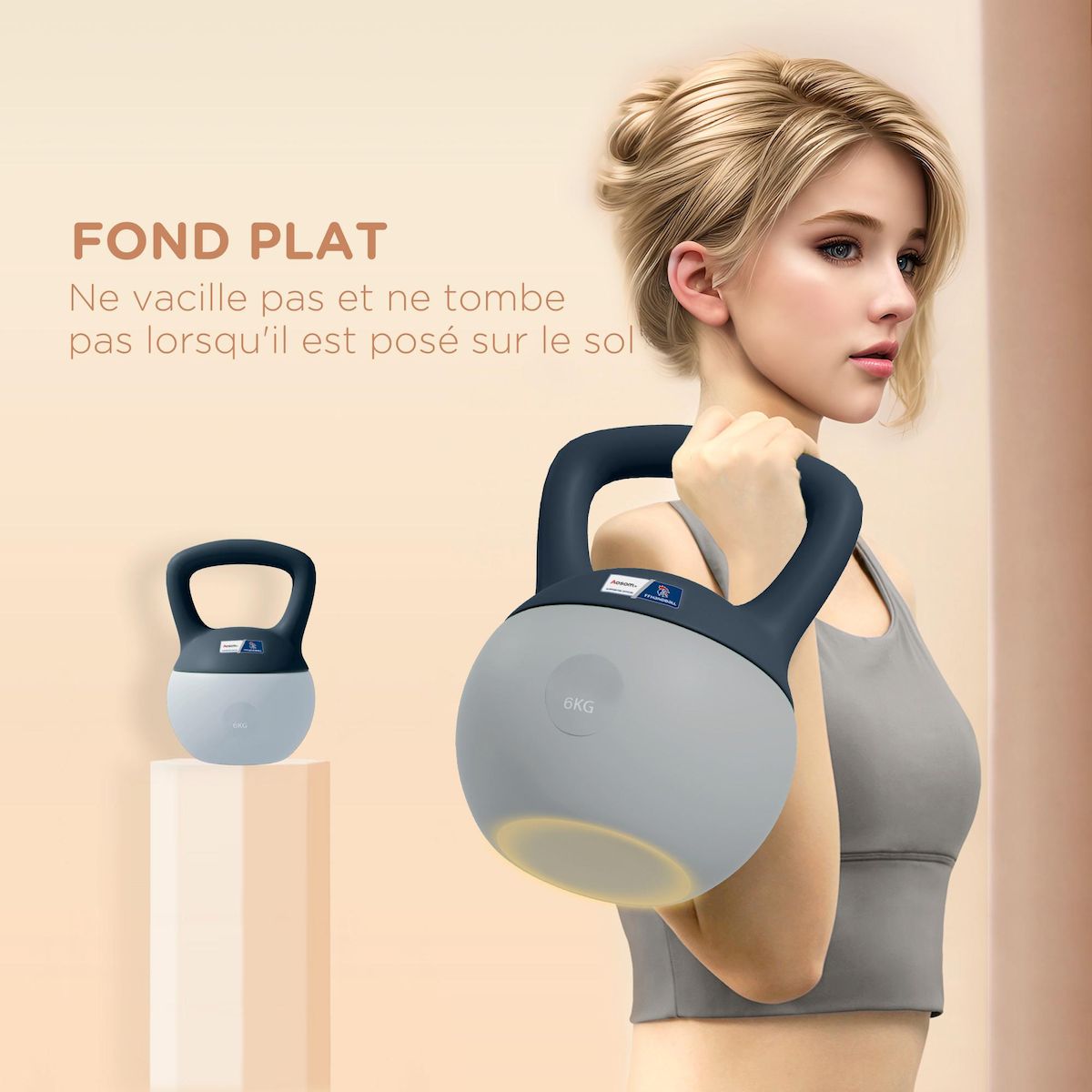 HOMCOM Kettlebell 6 Kg collaboration Aosom.fr x FFHandball - prise ergonomique - PVC gris jaune