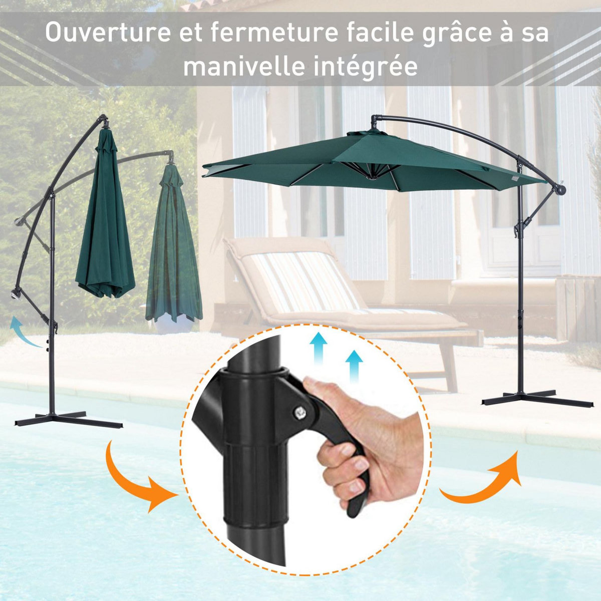 OUTSUNNY Parasol déporté octogonal inclinable manivelle pied acier Ø 3 x 2,5H m vert