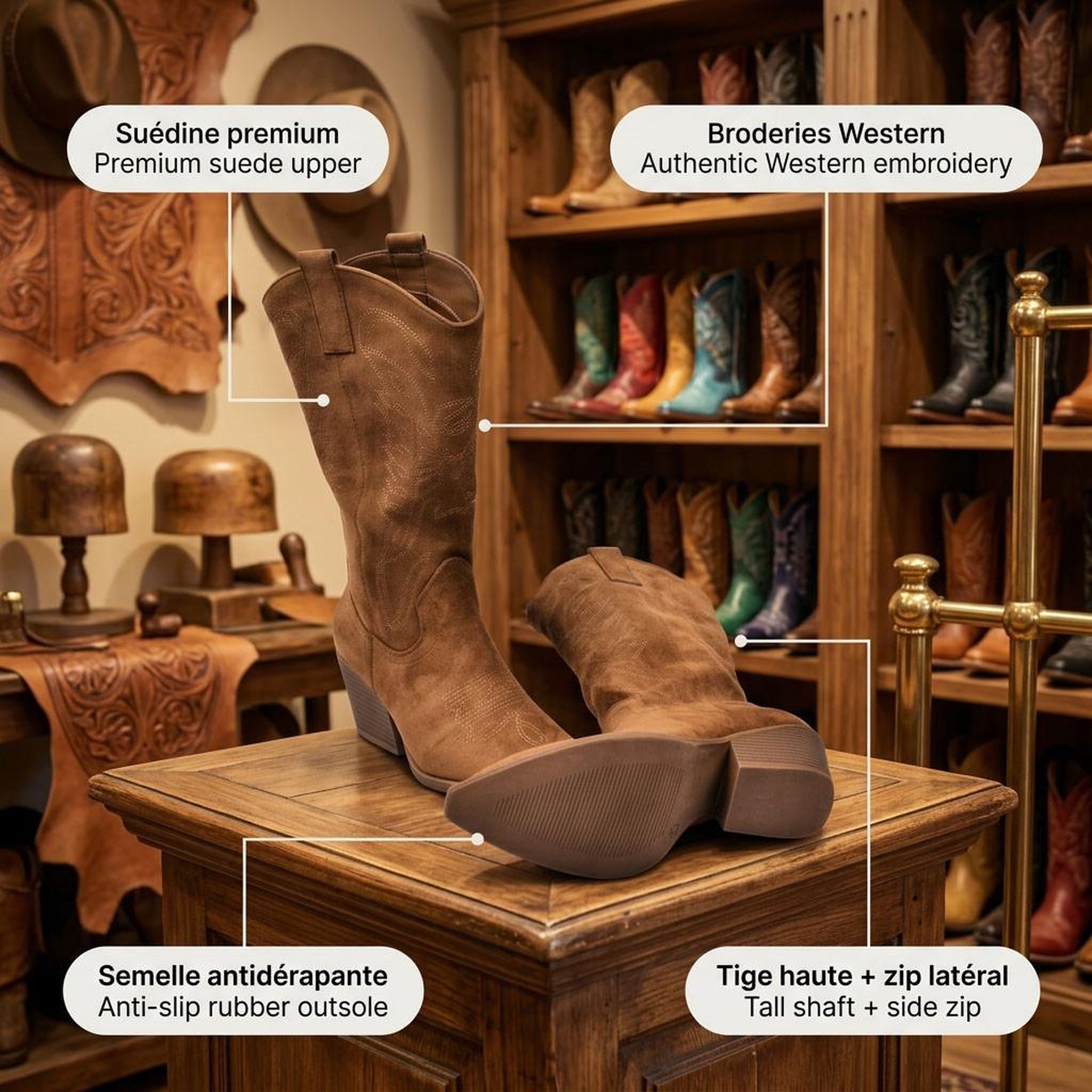 Voir la diapositive 4 : OZABI OZABI Bottes Santiag Femme Haute Tige Suédine Talon Bloc 6 cm Bout Pointu