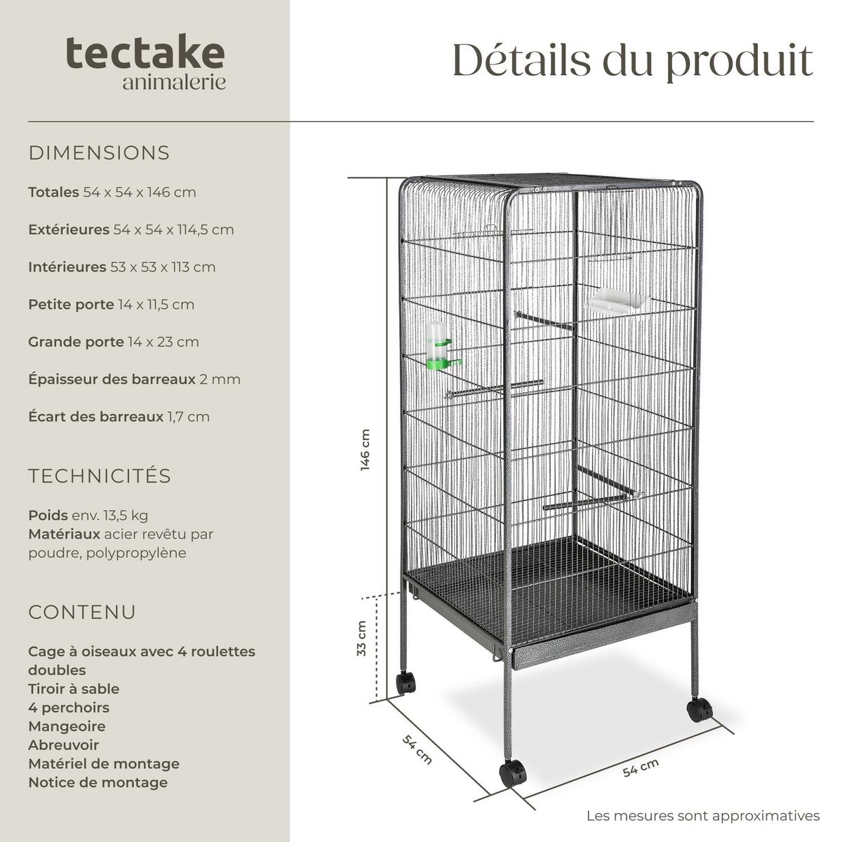 tectake Cage à oiseaux en finition martelée gris anthracite