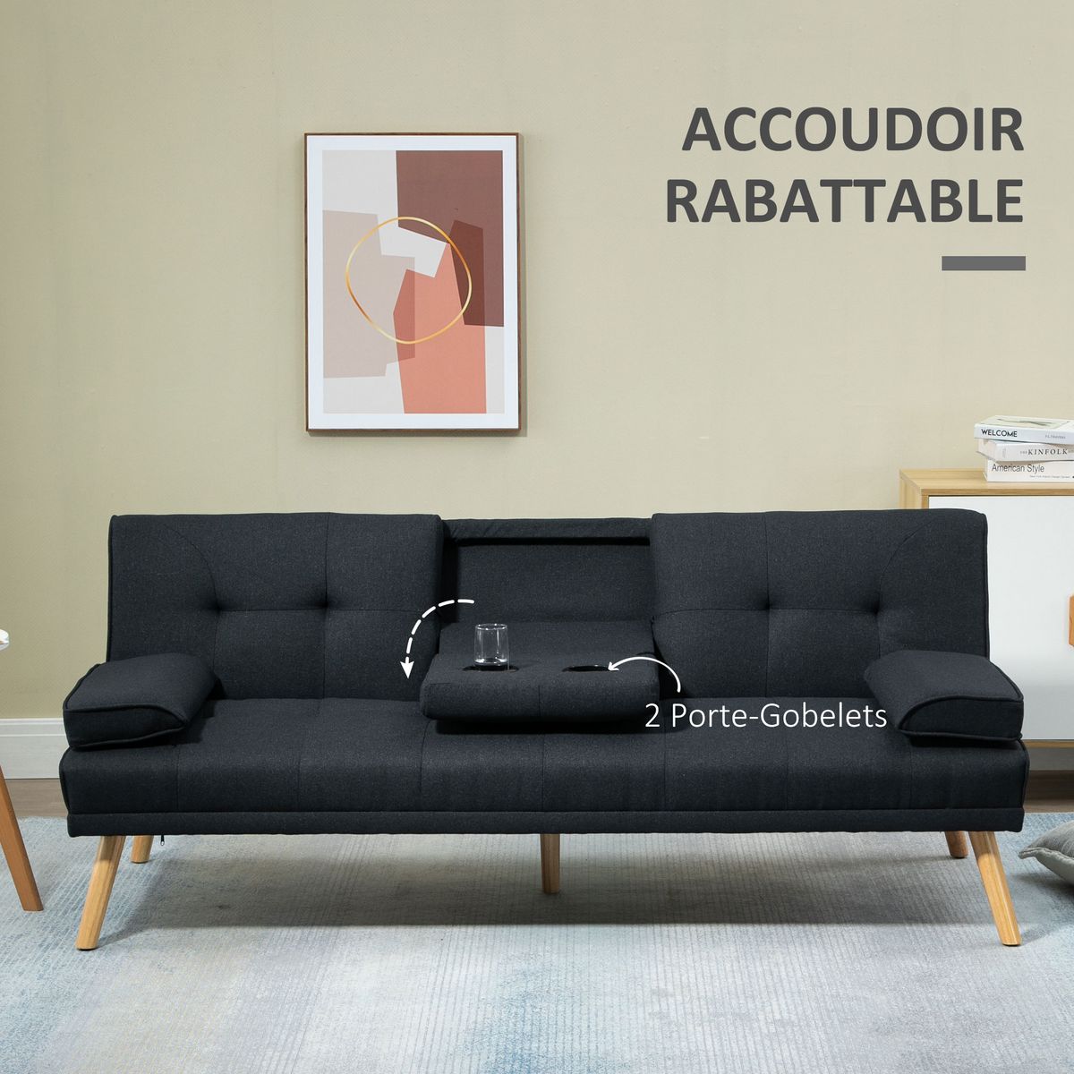 HOMCOM Canapé convertible 3 places design scandinave inclinaison dossier réglable 3 niveaux dossier centrale rabattable 2 porte-verres bois peuplier polyester anthracite