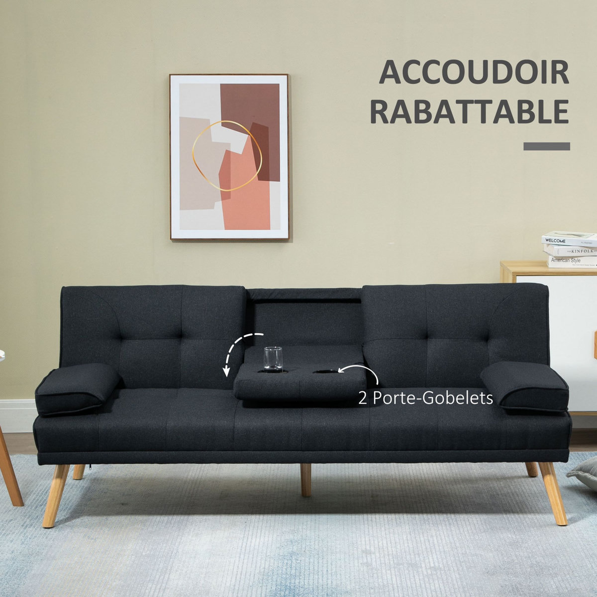 HOMCOM Canapé convertible 3 places design scandinave inclinaison dossier réglable 3 niveaux dossier centrale rabattable 2 porte-verres bois peuplier polyester anthracite