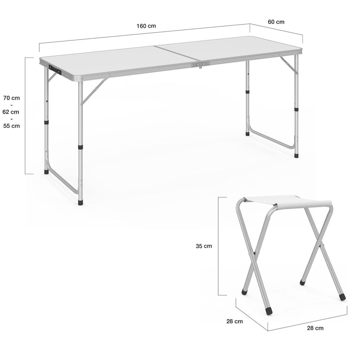 ID MARKET Table de camping pliante réglable en hauteur 160 cm et 6 tabourets blancs