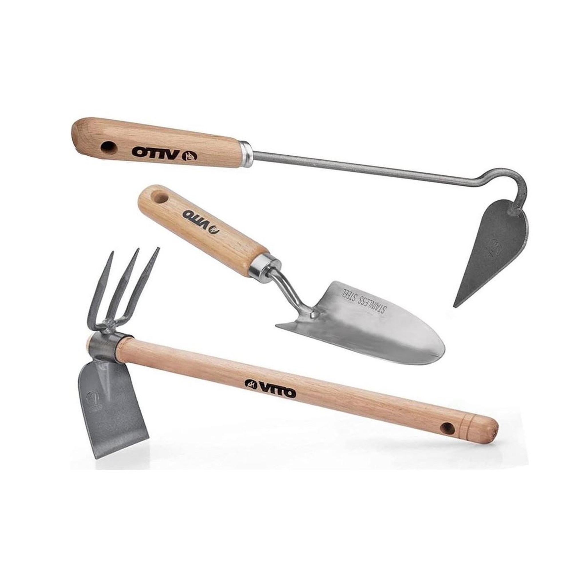 VITO Kit 3 outils de jardin Manche bois Inox et Fer forgés à la main Haute qualité VITO