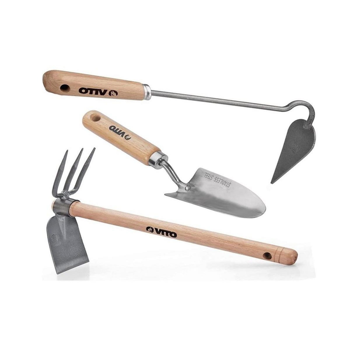 VITO Kit 3 outils de jardin Manche bois Inox et Fer forgés à la main Haute qualité VITO