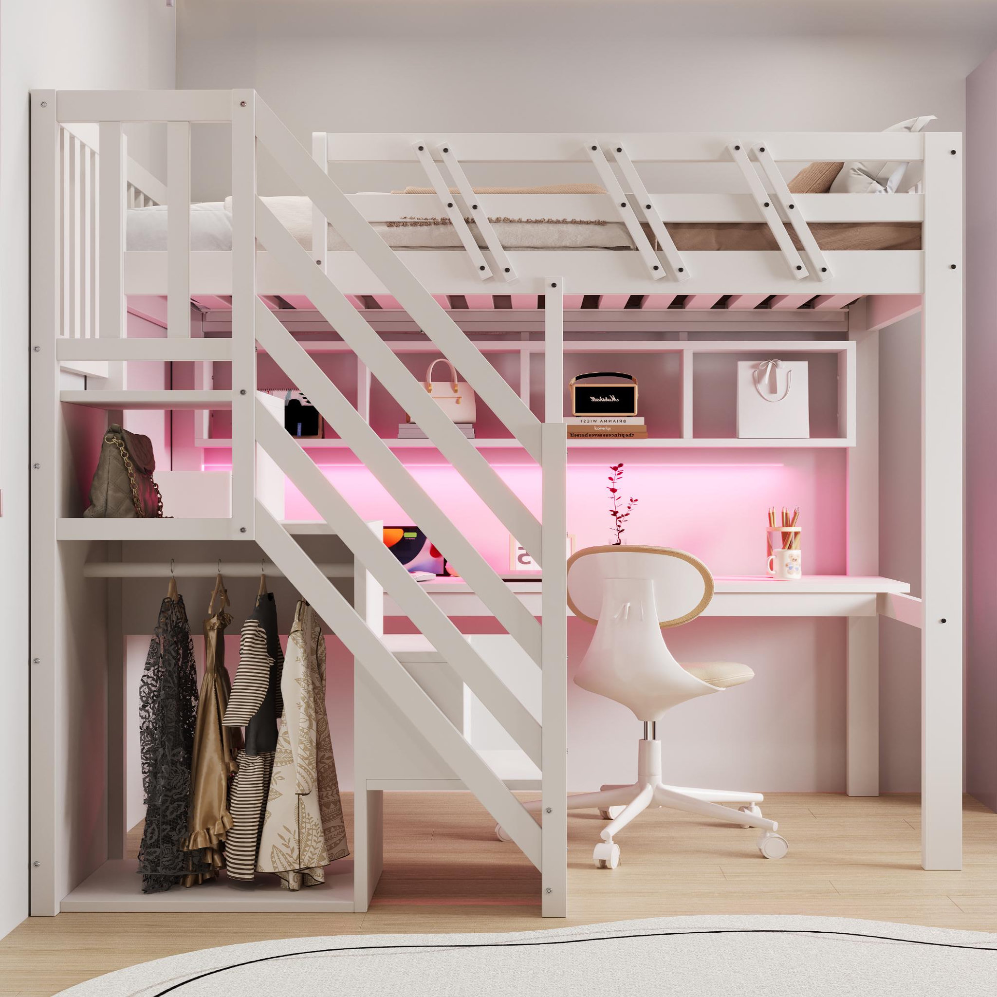 Voir la diapositive 4 : MERAX Lit mezzanine 90x200 cm coloris blanc led bois massif