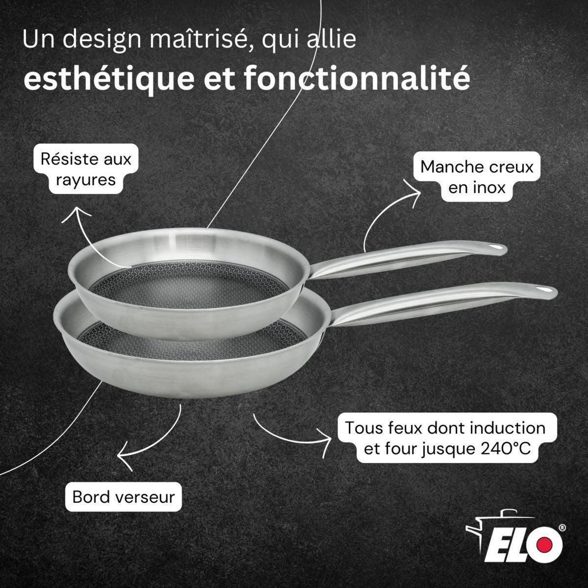 ELO Lot de 2 poêles Elo Relief Solution 24 cm et 28 cm en inox sans PFAS