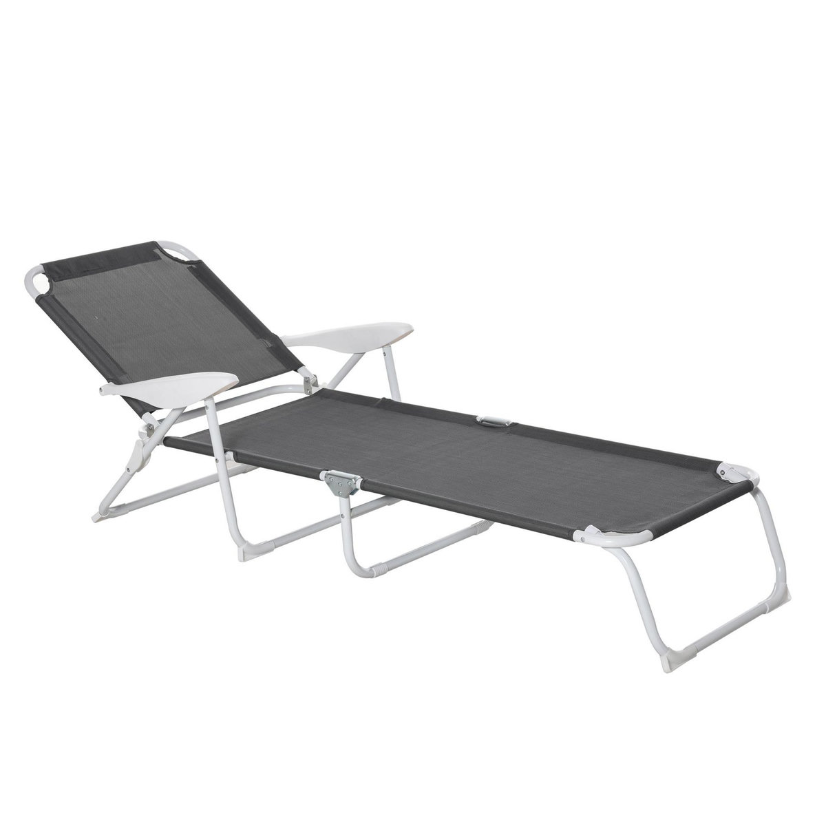 OUTSUNNY Bain de soleil pliable - transat inclinable 4 positions - chaise longue grand confort avec accoudoirs - métal époxy textilène - dim. 160L x 66l x 80H cm - gris foncé