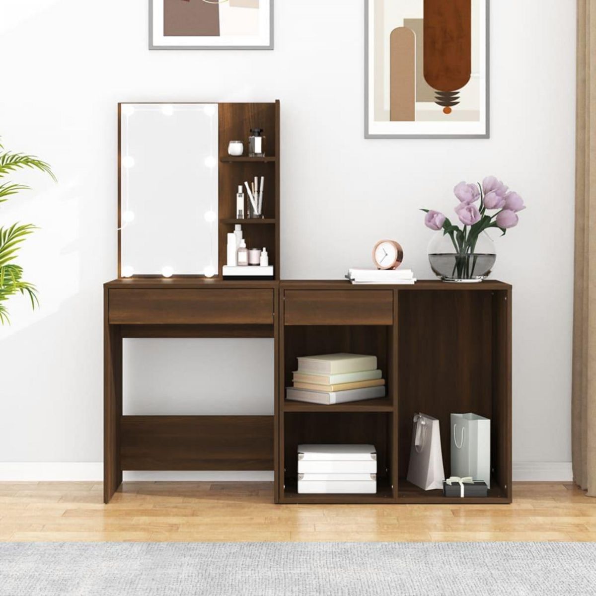 VIDAXL Coiffeuse a LED avec armoire Chene marron Bois d'ingenierie