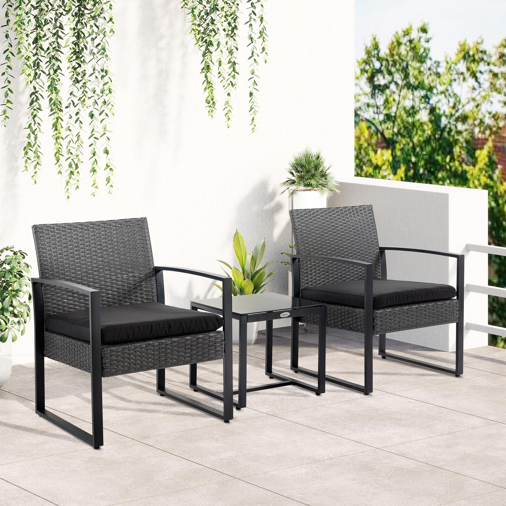 Voir la diapositive 2 : OUTSUNNY Salon de jardin 2 places 3 pièces 2 chaises avec coussins + table basse plateau verre trempé résine tressée aspect rotin noir