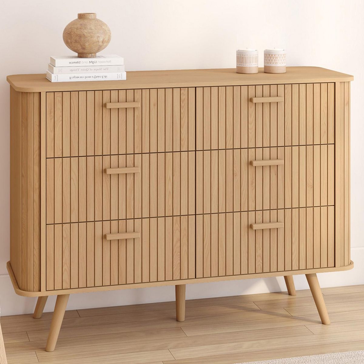 ID MARKET Commode 6 tiroirs ROMIE 110 cm lattes tasseau bois coloris chêne