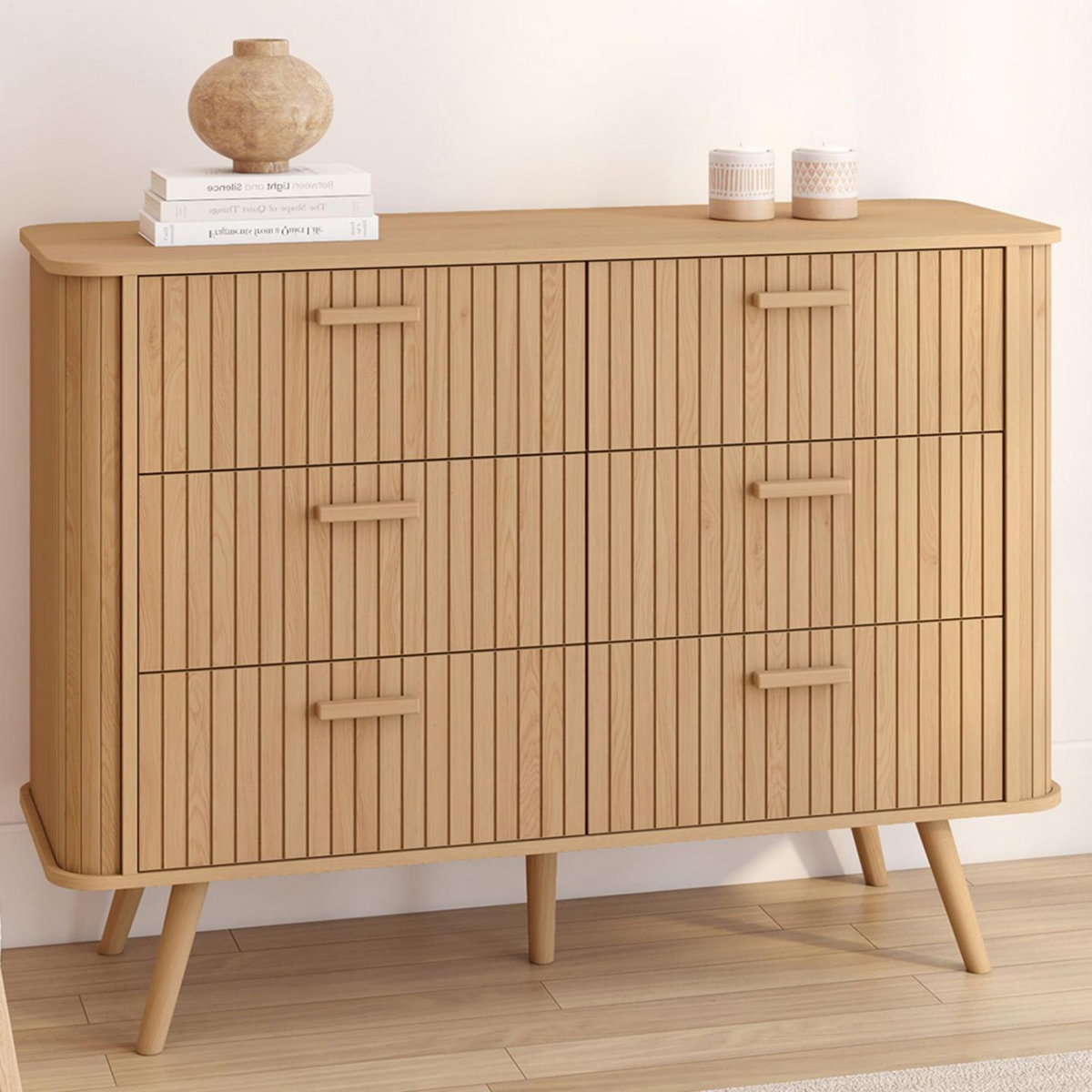 ID MARKET Commode 6 tiroirs ROMIE 110 cm lattes tasseau bois coloris chêne