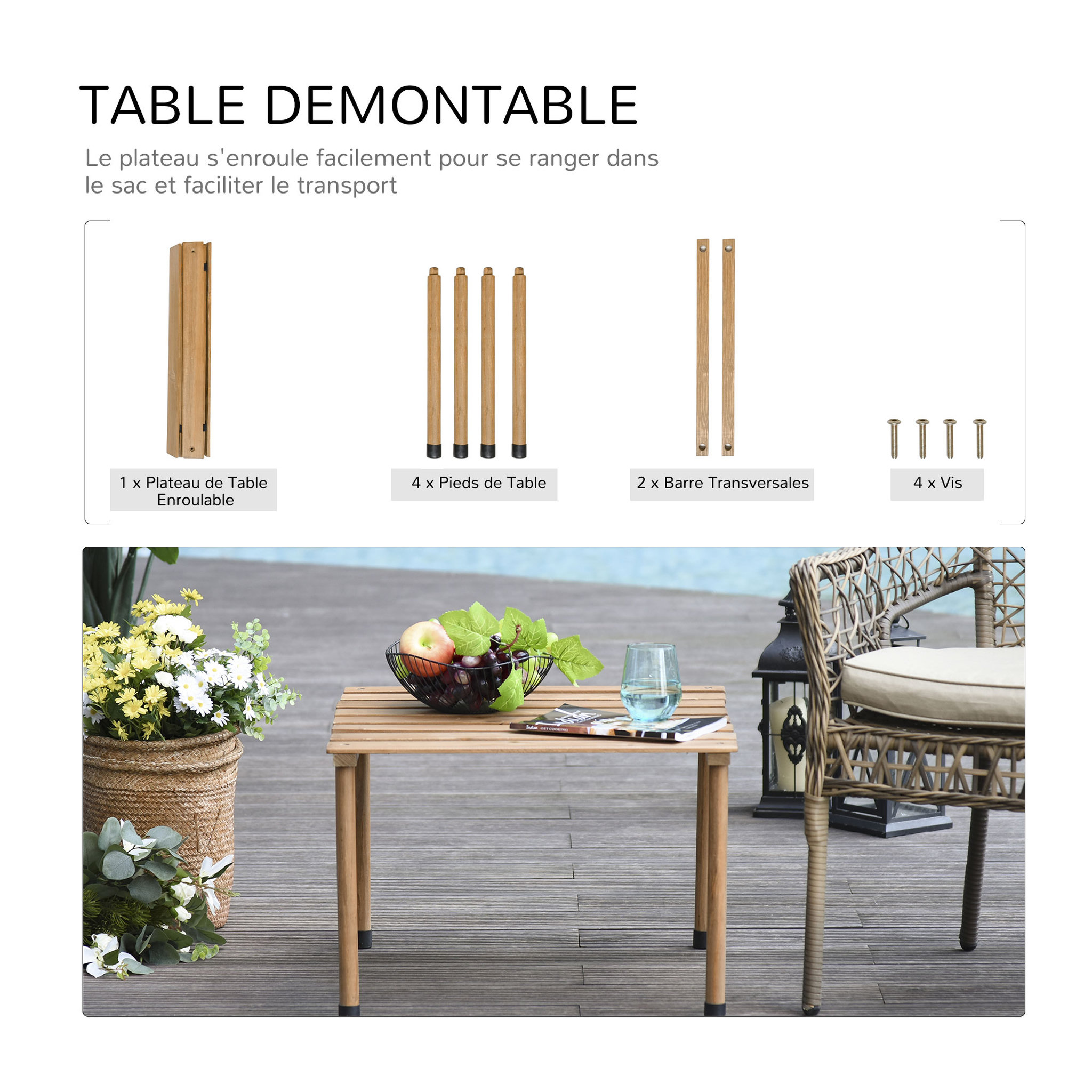 Voir la diapositive 4 : OUTSUNNY Table basse pliable de jardin camping plateau à lattes dim. 58L x 58l x 40H cm sac transport inclus bois sapin pré-huilé