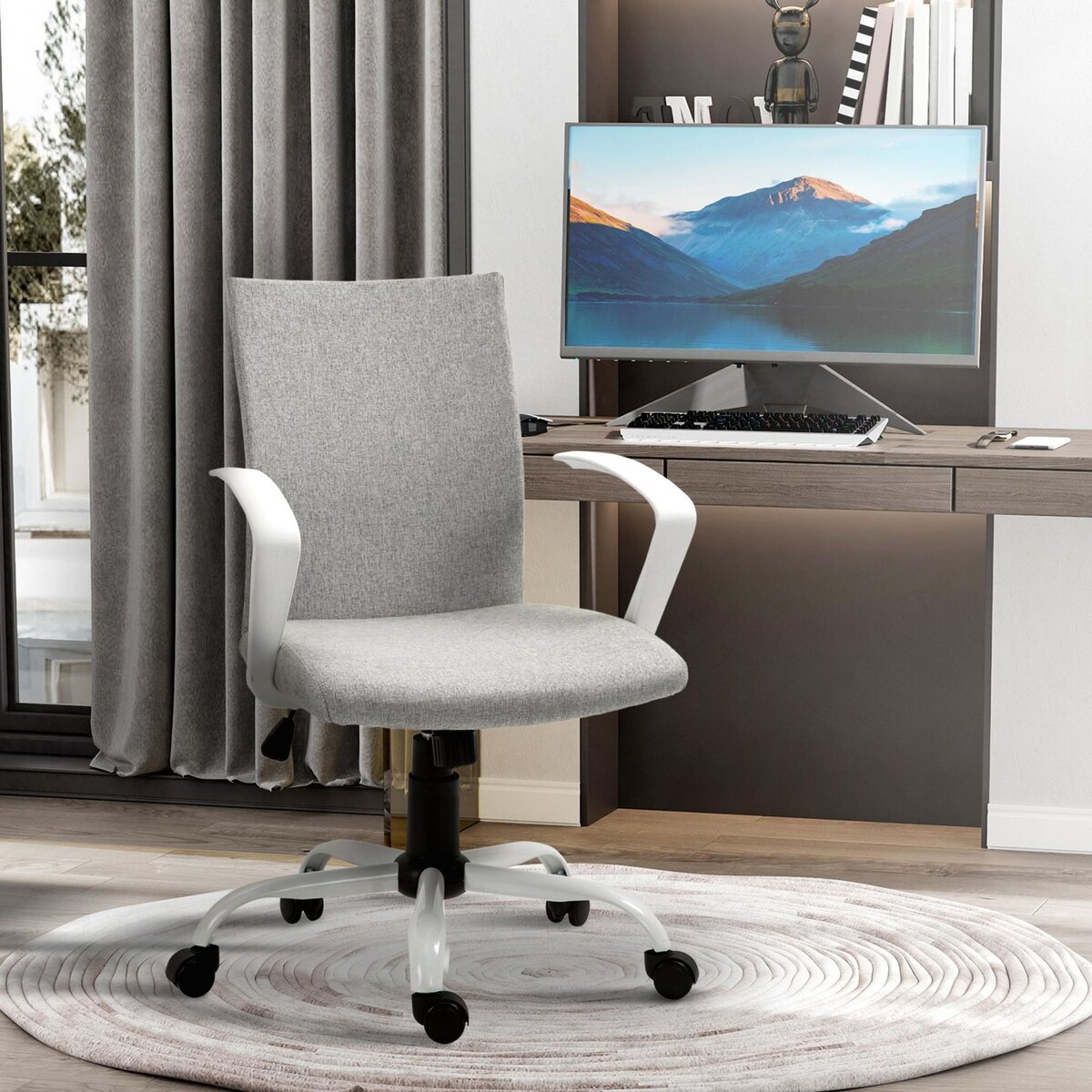 VINSETTO Chaise de bureau ergonomique hauteur réglable pivotante 360° piètement acier blanc lin gris clair