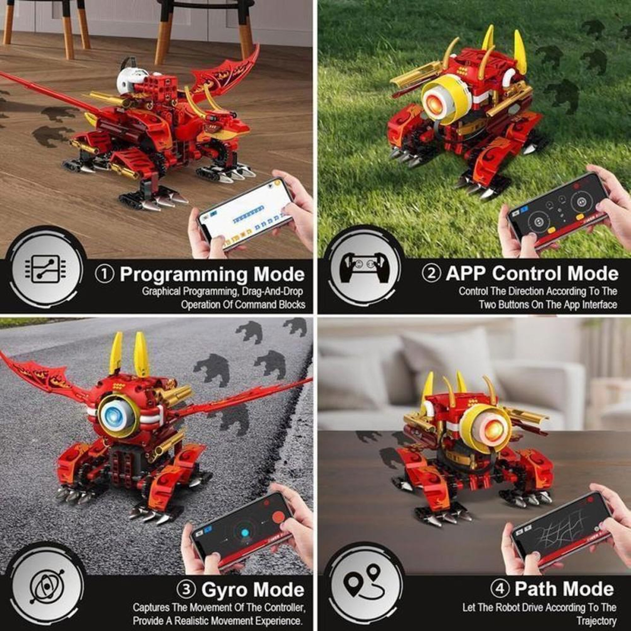 Voir la diapositive 5 : Robot Dragon RC 5-en-1 à construire, 354 pièces, yeux LED 6 couleurs, commande 2,4 GHz et app