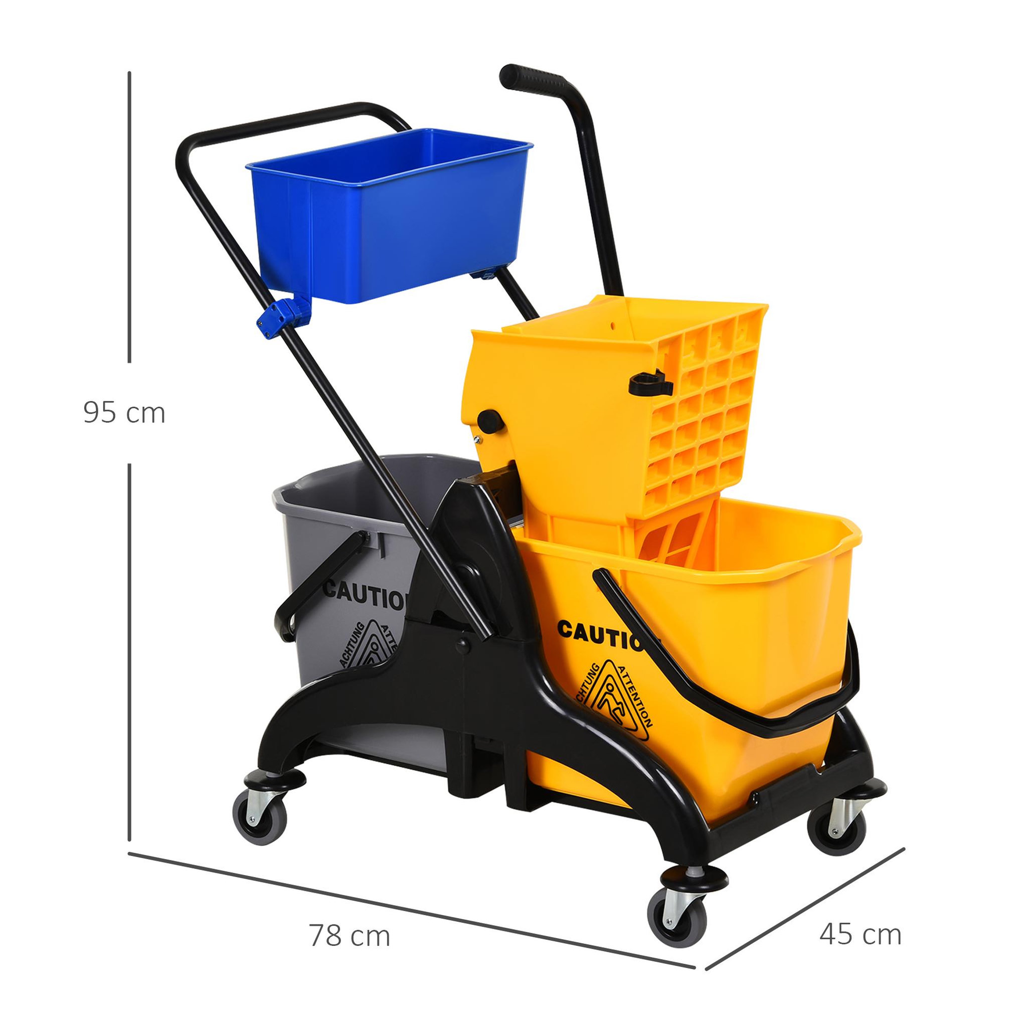 Voir la diapositive 3 : HOMCOM Chariot de lavage chariot de nettoyage professionnel presse à mâchoire 2 seaux + rangement jaune bleu