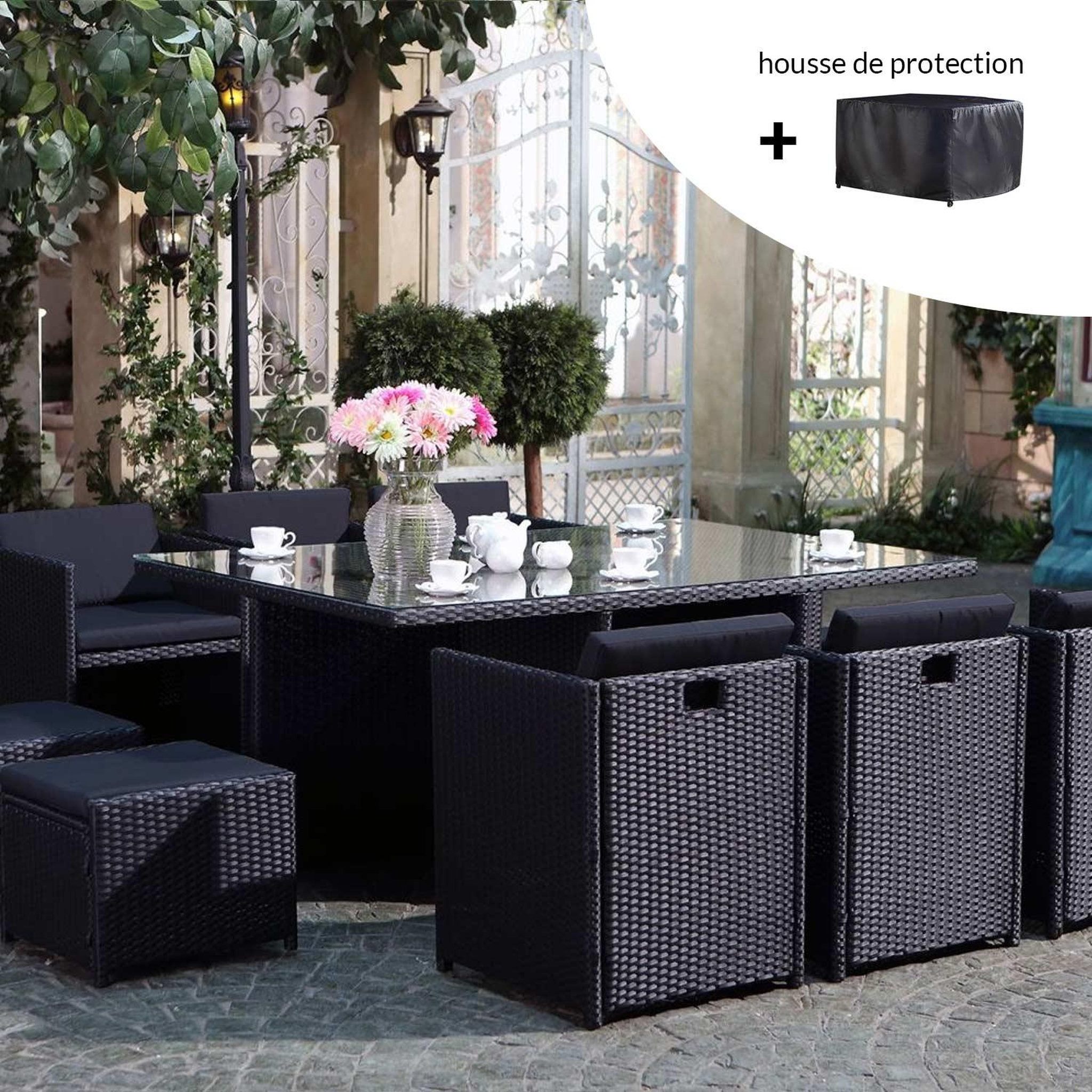 Voir la diapositive 2 : CONCEPT USINE Salon de jardin 10 places noir-noir + housse de protection miami