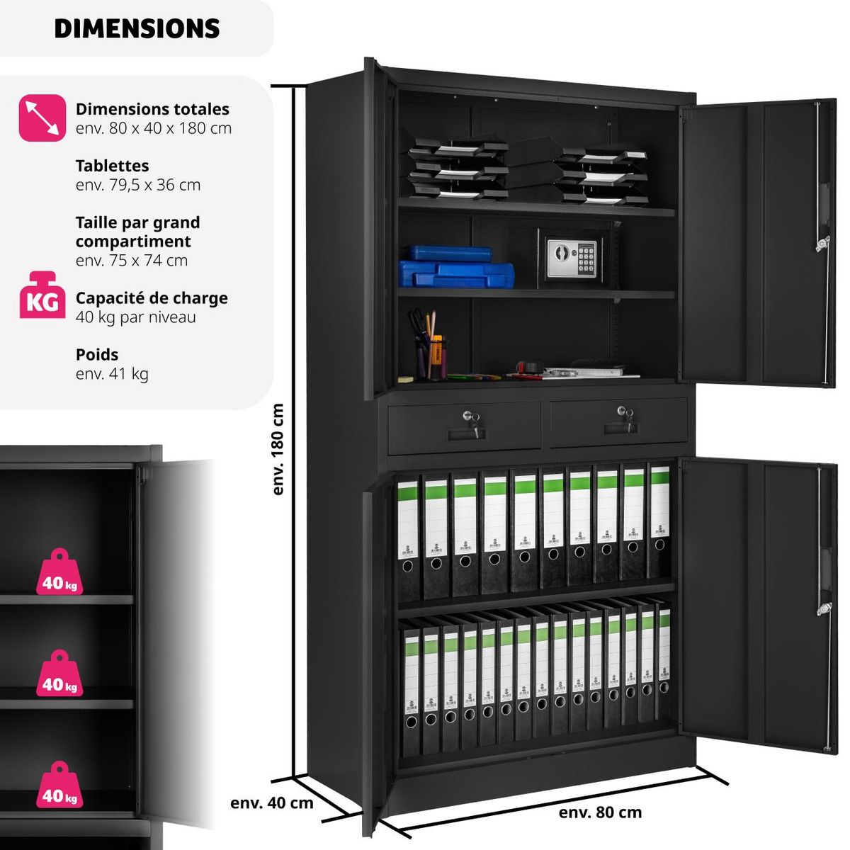 tectake Armoire de classement en métal en acier lâqué époxy noir/noir