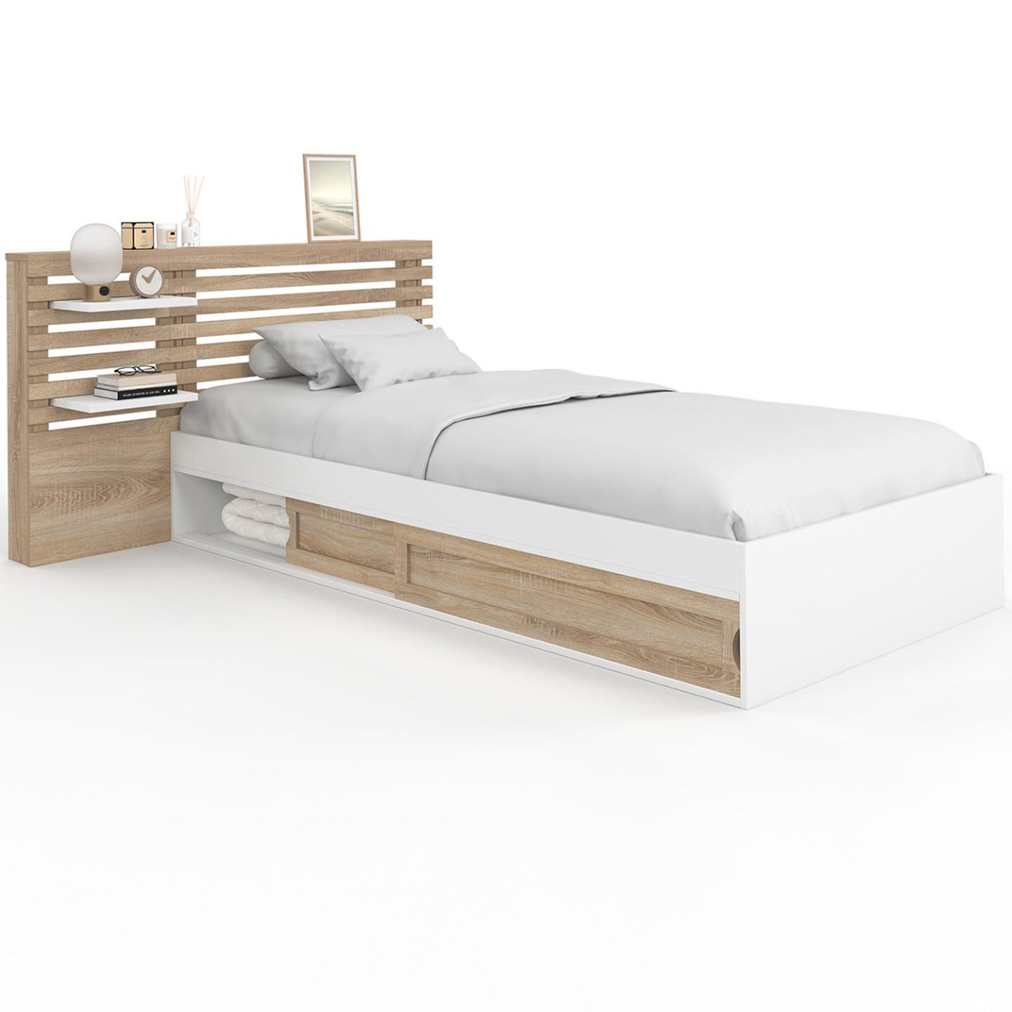 ID MARKET Lit simple savana avec tête de lit, chevets, rangements et sommier 90 x 190 cm façon hêtre et blanc
