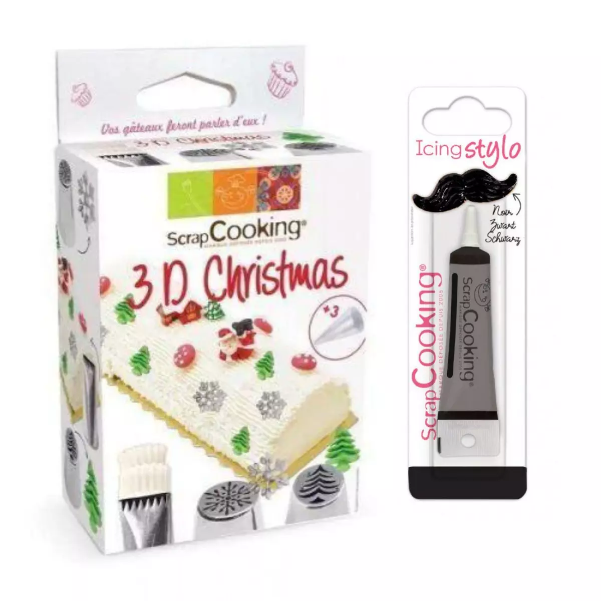 SCRAPCOOKING Kit de douilles à pâtisserie 3D Noël + Stylo de glaçage noir