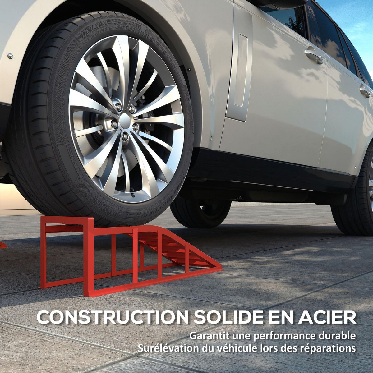 HOMCOM Lot de 2 rampes de levage pour voiture en acier - 1T levée max. 220 mm - rouge