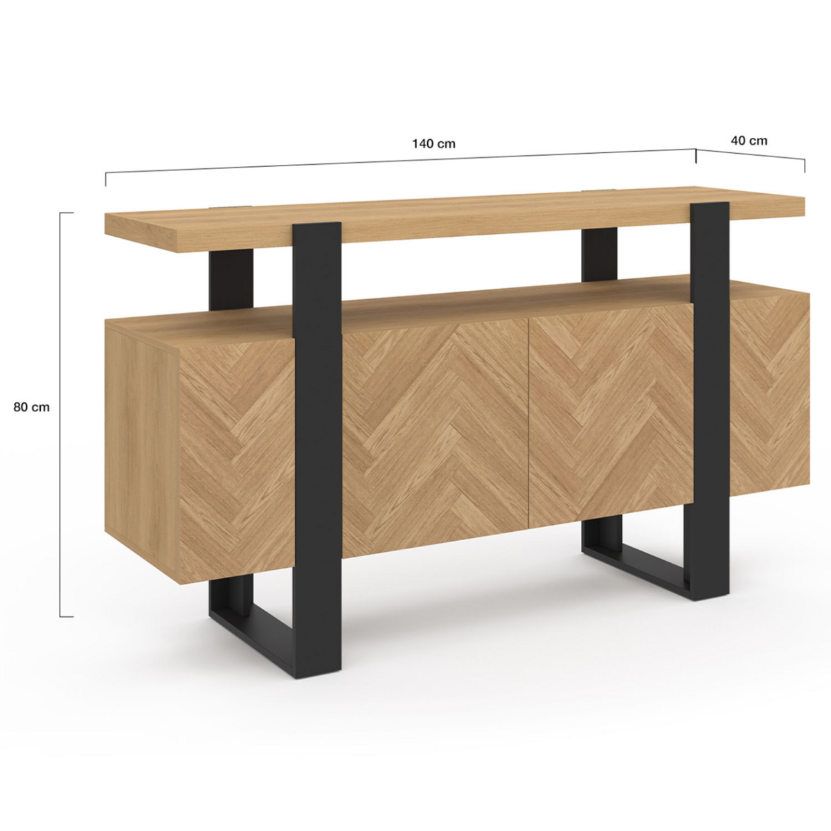 ID MARKET Buffet 140 cm CASSIUS 4 portes effet chevrons et noir