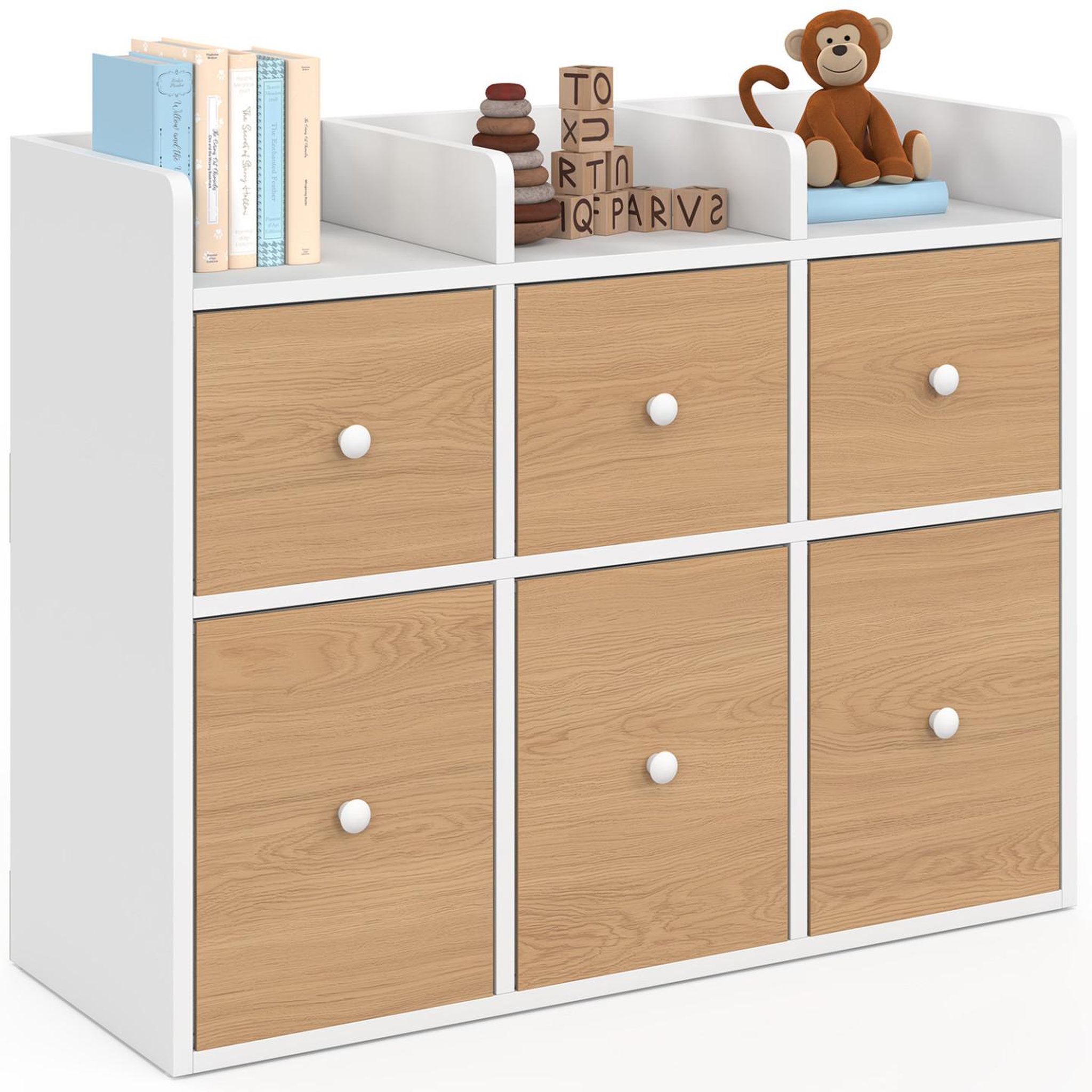 ID MARKET Meuble de rangement enfant PABLO blanc 6 bacs en tissu façade effet hêtre et 3 étagères bibliothèque