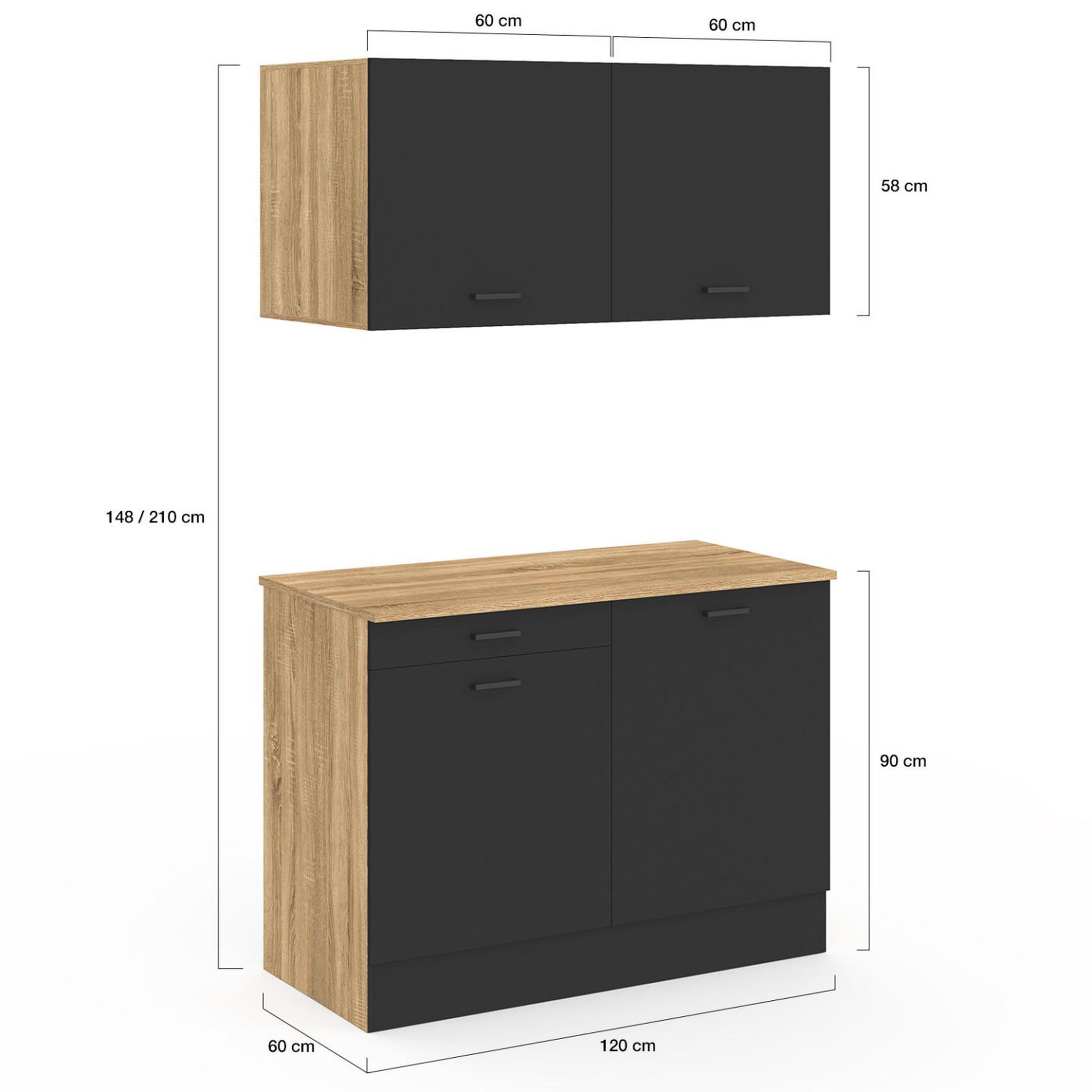 Voir la diapositive 5 : ID MARKET Cuisine complète kitchenette 120 cm stil avec plan de travail 3 éléments bois et noir
