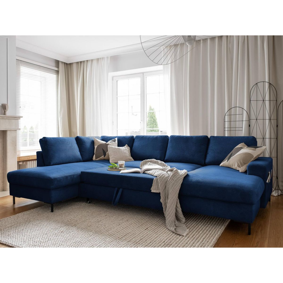 BEST MOBILIER Lilly - canapé panoramique d'angle gauche - 7 places - convertible avec coffre - en velours côtelé