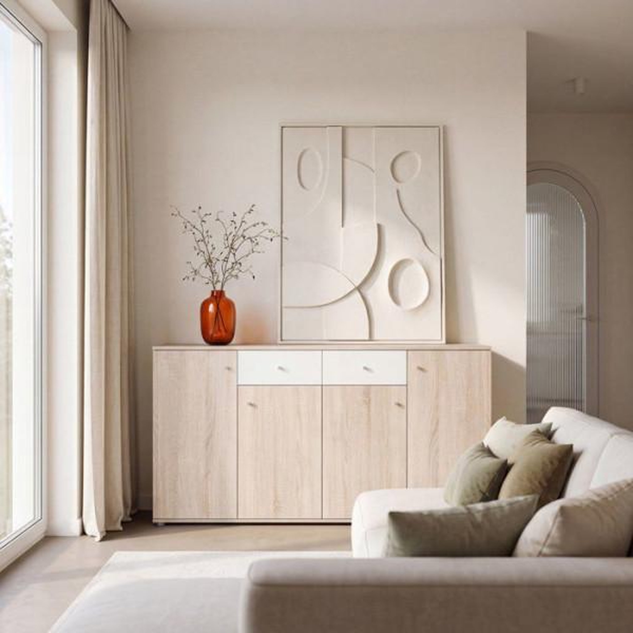 MARKET24 Buffet bas - Décor Chene et blanc mat - 4 portes + 2 tablettes + 2 tiroirs - L 159,2 x P 31,1 x H 81,7 cm