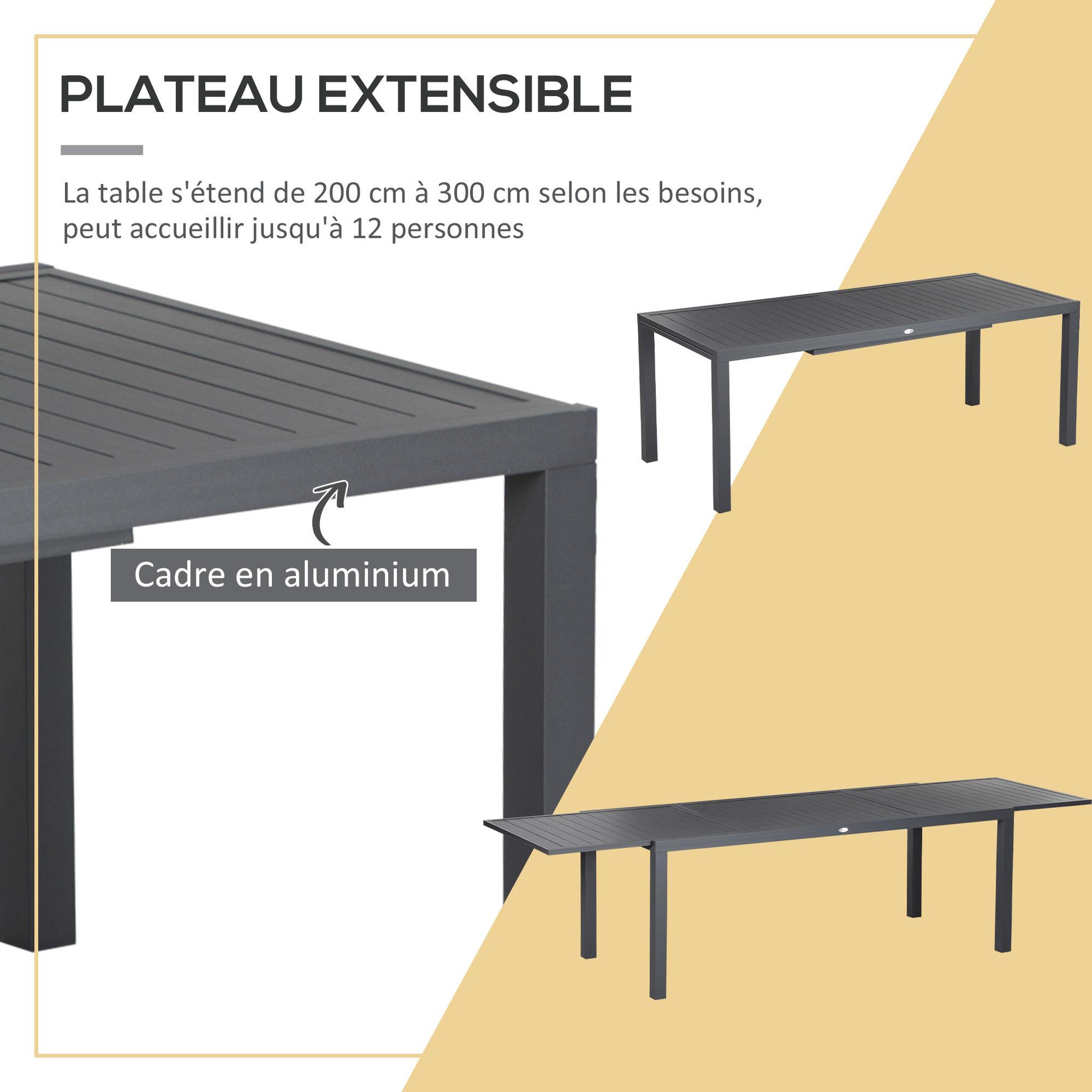 Voir la diapositive 4 : OUTSUNNY Ensemble de jardin 12 personnes chaises empilables table extensible 200/300l cm alu. Textilène gris