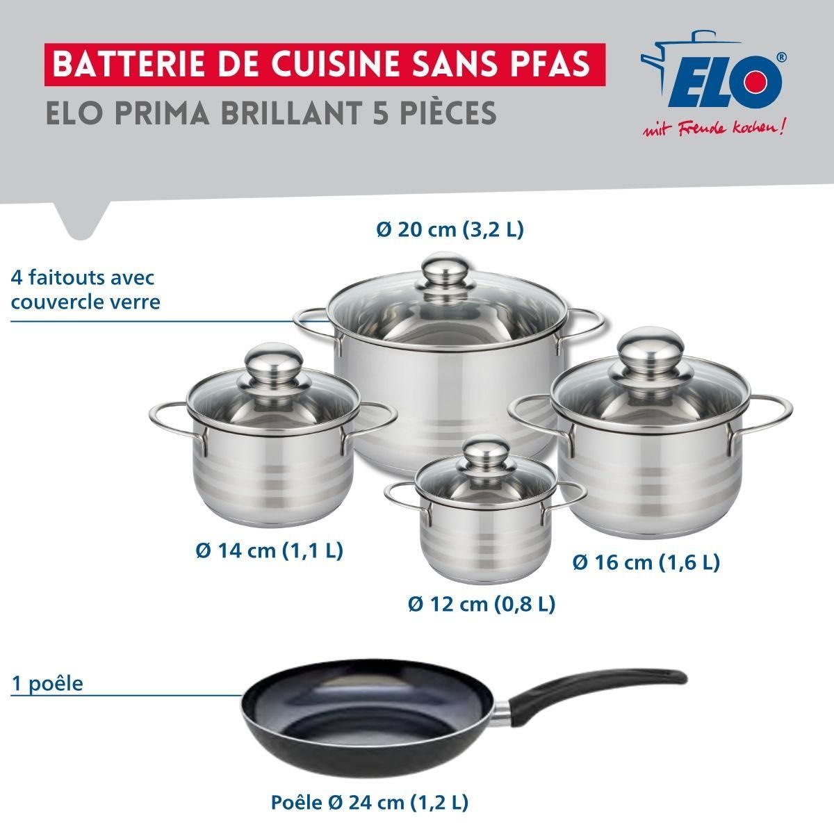 ELO Ensemble de 1 Poêle de cuisson 24 cm et 4 faitouts 12, 14, 16 et 20 cm Elo Prima Brillant