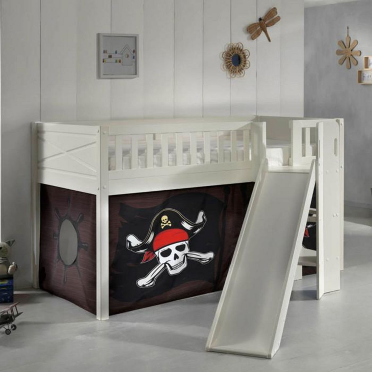 Paris Prix Lit Enfant Toboggan & Tente  Scott Caribian Pirates  90x200cm Blanc