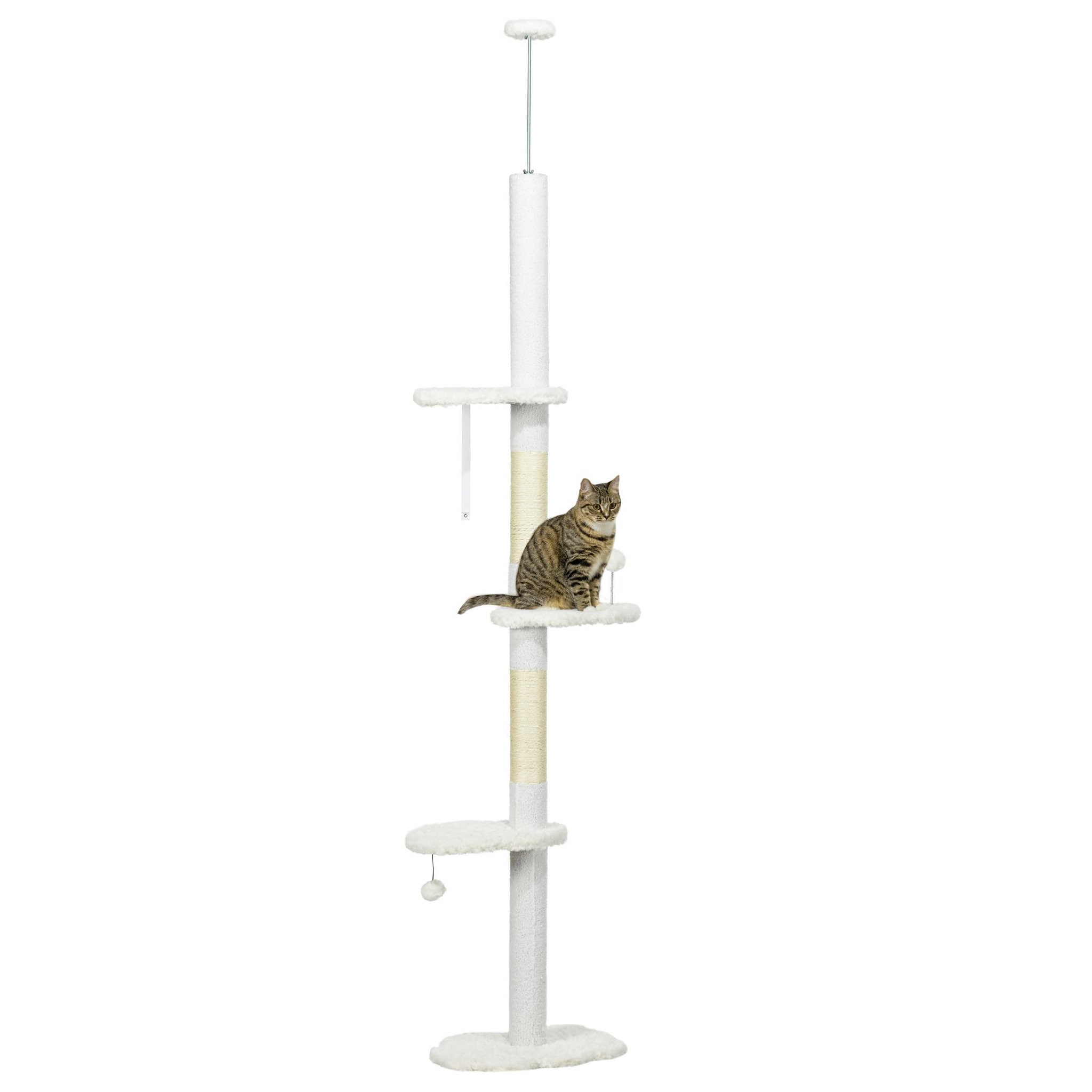 PAWHUT Arbre à chat réglable en hauteur 225-255 cm - tour pour chat 3 griffoirs nuages, 2 balles - blanc